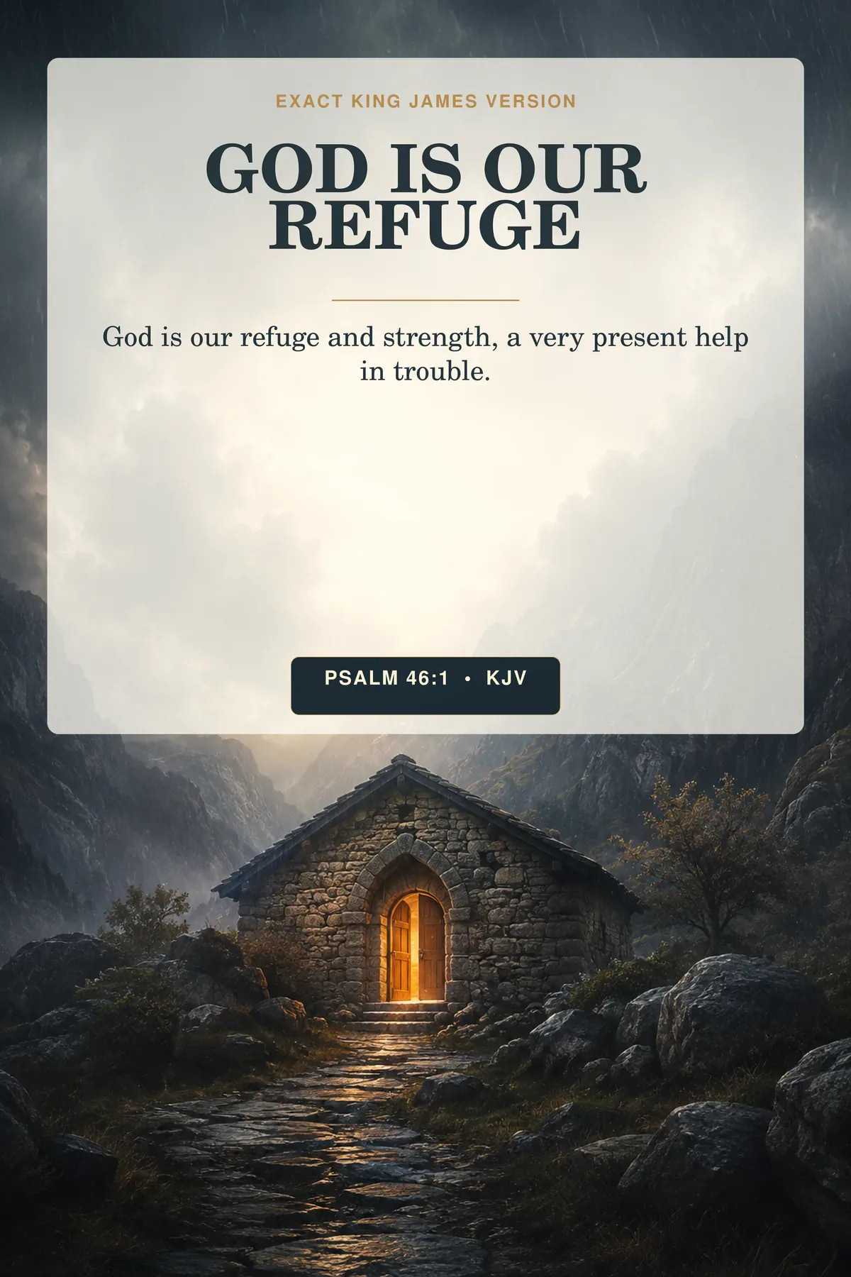Psalm 46:1 KJV God Is Our Refuge wall art with a warm stone shelter beneath storm-blue mountains.