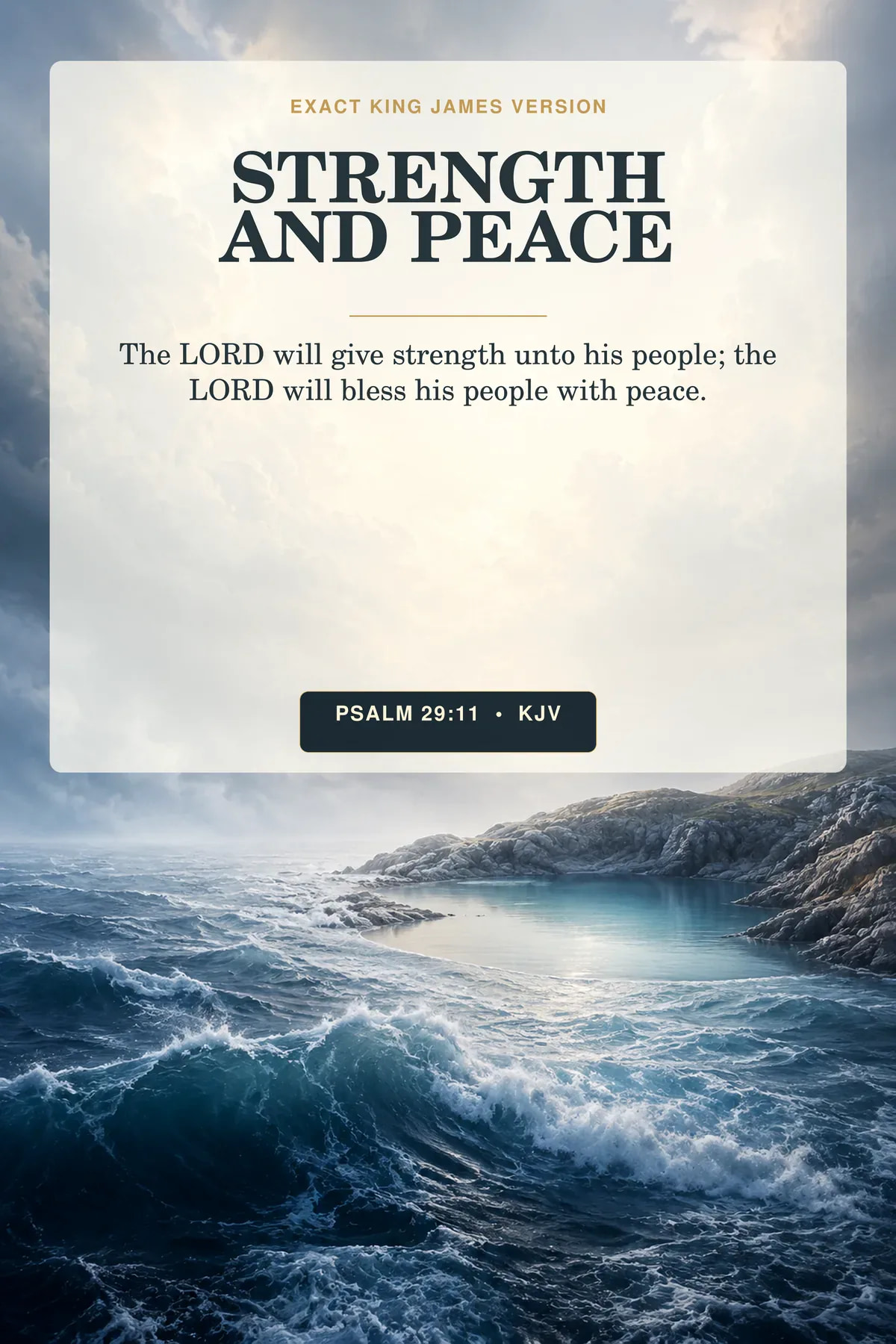 Psalm 29:11 KJV Strength and Peace wall art with powerful clouds opening over a still blue cove.