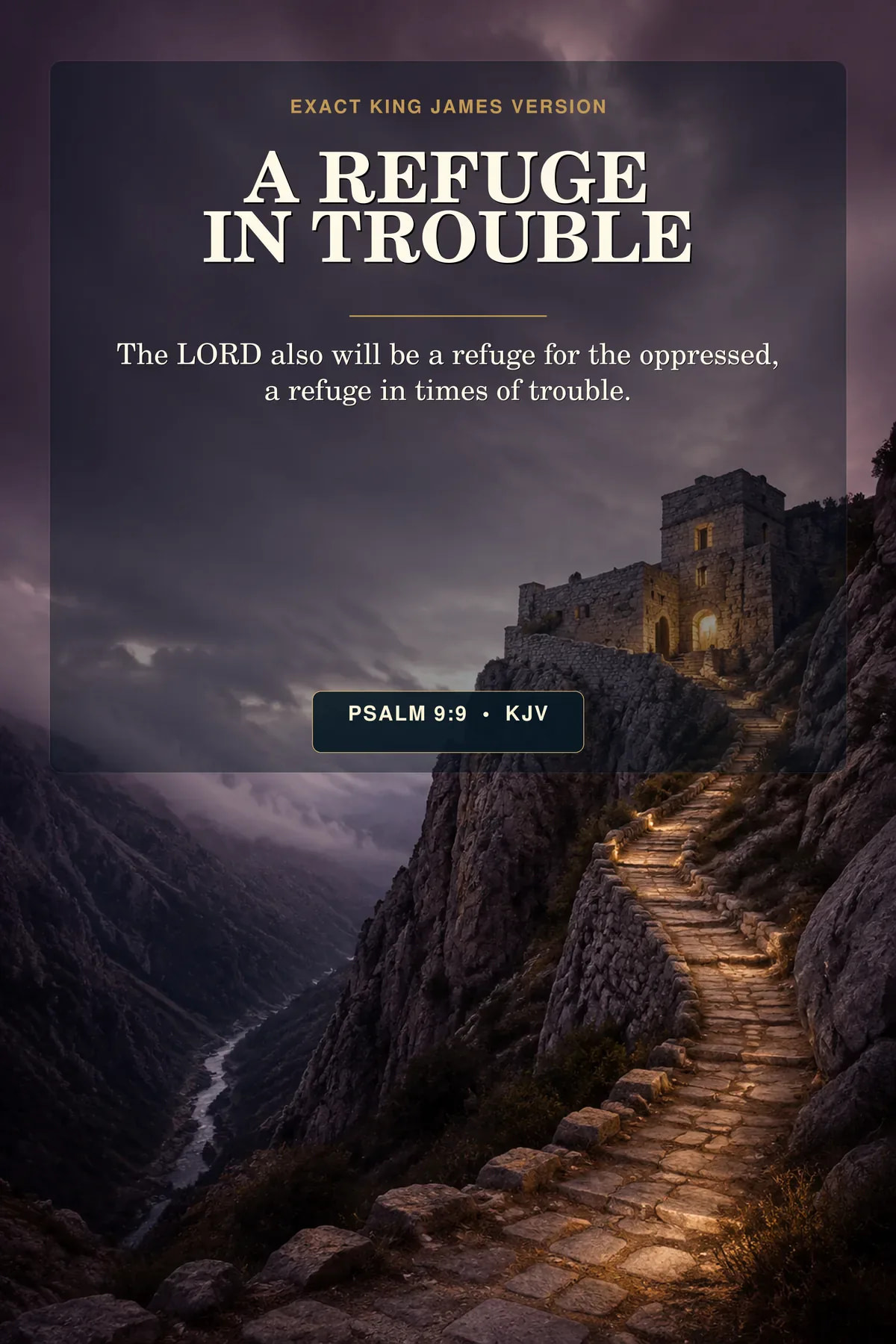 Psalm 9:9 KJV Refuge for the Oppressed wall art with a lit stone refuge above a storm valley.