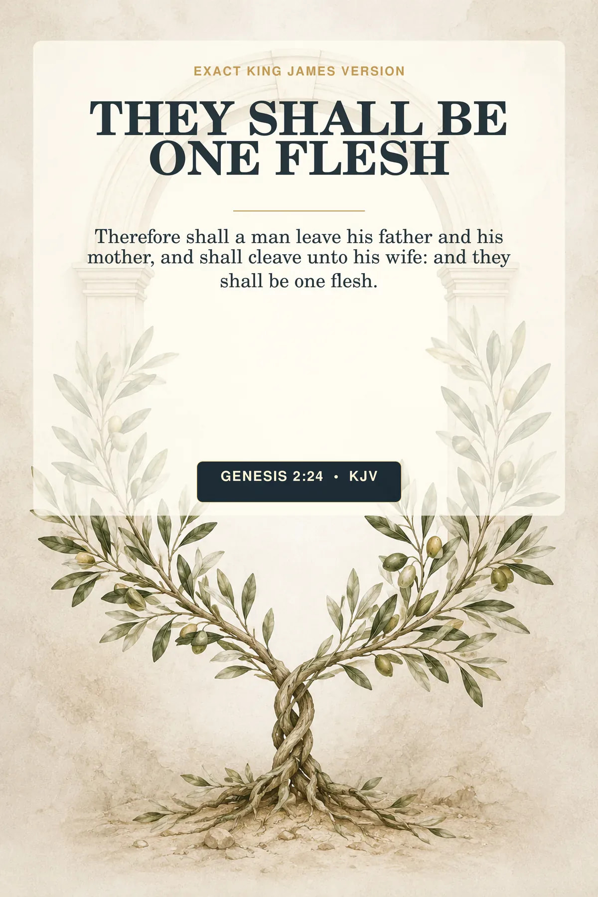 Genesis 2:24 KJV One Flesh Christian marriage wall art with two olive branches joined into one braided stem.