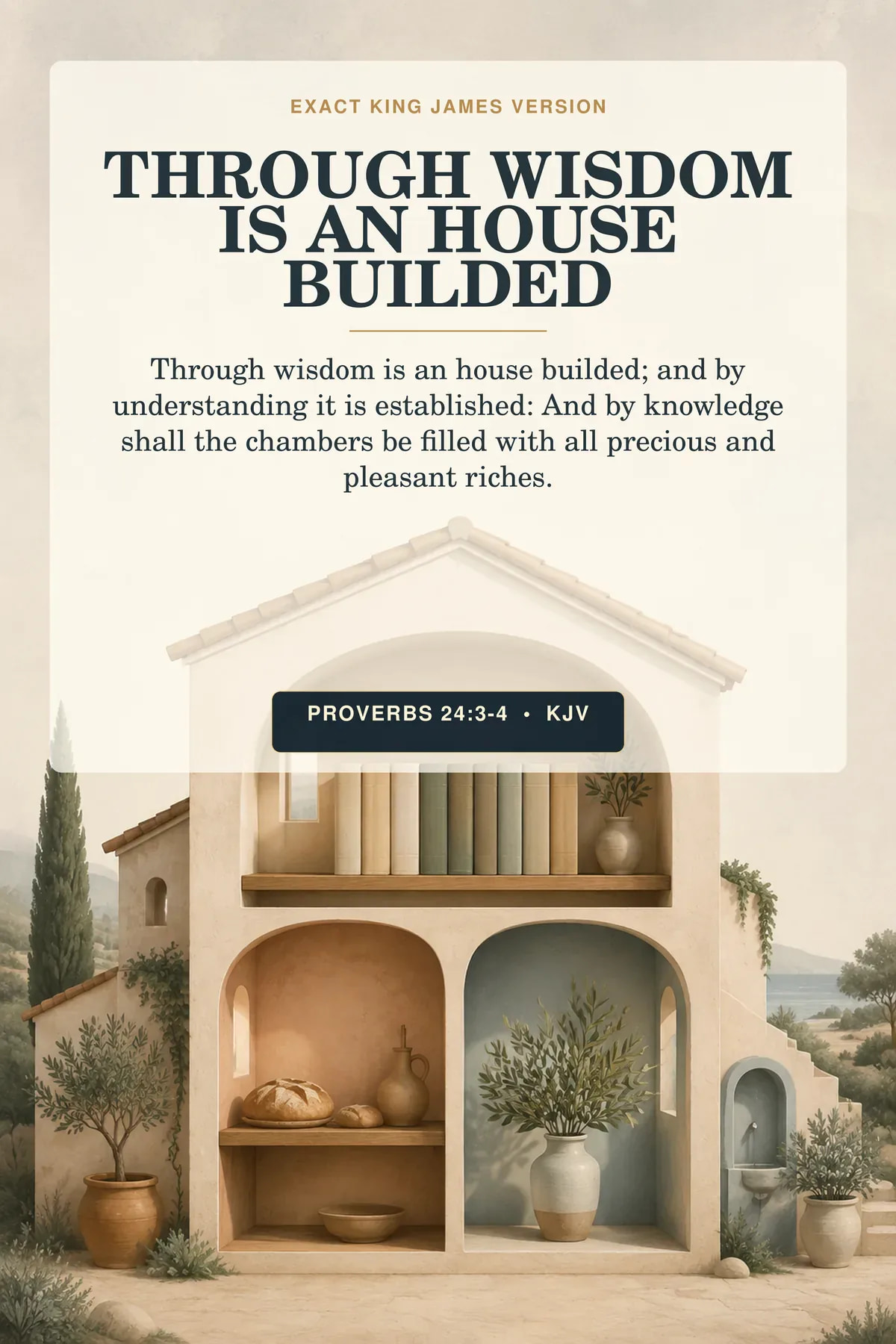 Proverbs 24:3–4 KJV Wisdom Builds a House wall art with a clay-and-sage cutaway home and three softly lit rooms.
