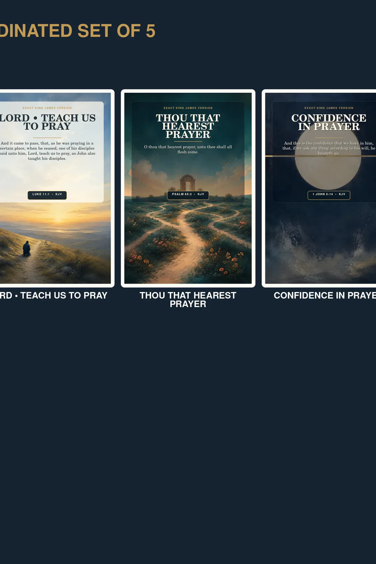 KJV prayer room wall art set of five with Prayer as Incense, Teach Us to Pray, God Hears Prayer, Confidence in Prayer, and Ask Seek Knock.