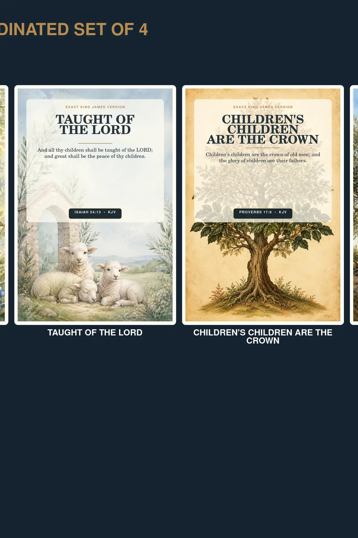 Christian Nursery Scripture Wall Art Set of 4, KJV Kids Printable Bundle Christian nursery KJV wall art set of four with original woodland Bible, lamb, family tree, and olive-grove Scripture designs.