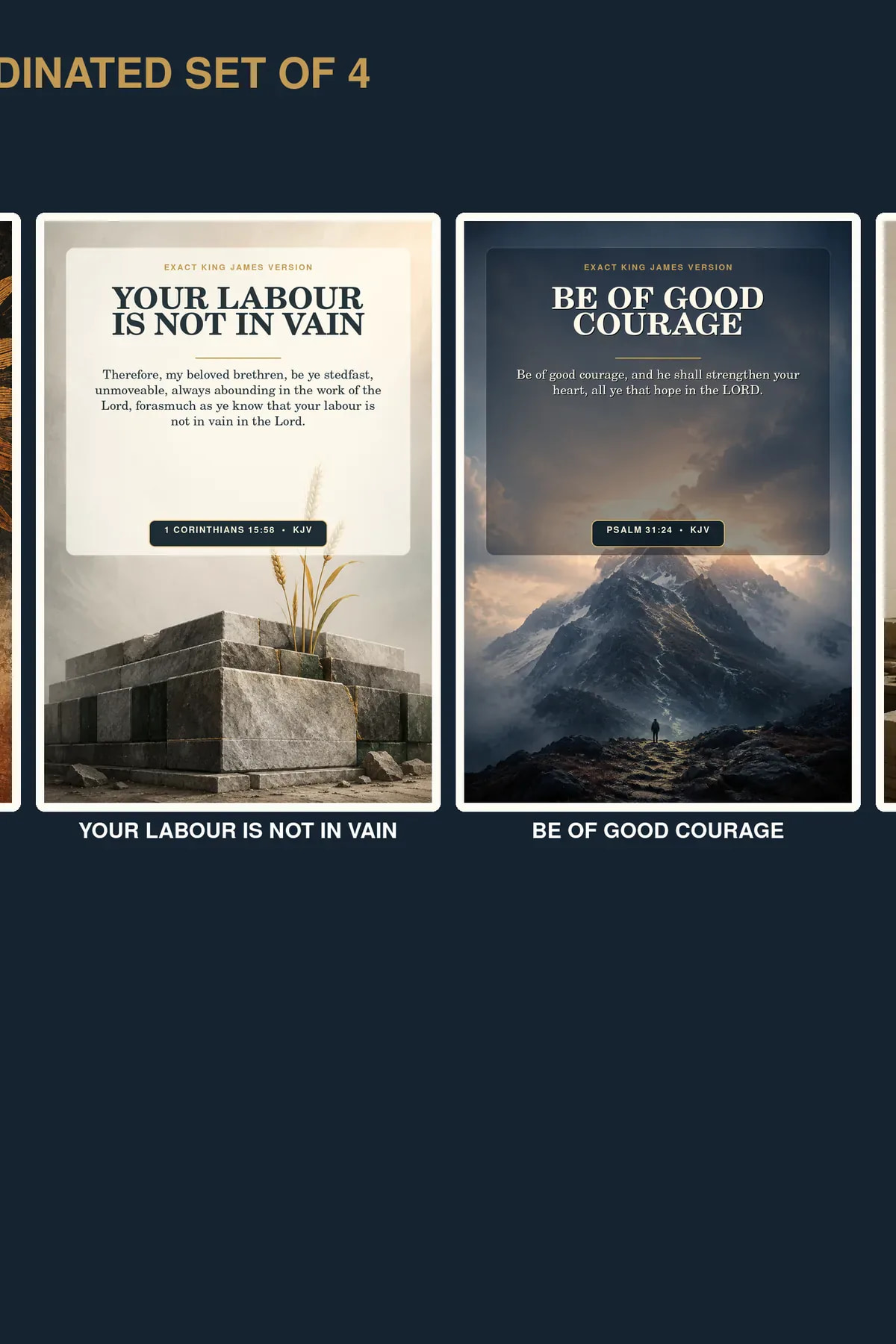 Christian Men's Office Scripture Wall Art Set of 4, KJV Courage Printable Bundle Christian men's office KJV Scripture set of four with lion, stone foundation, mountain courage, and builder-arch designs.
