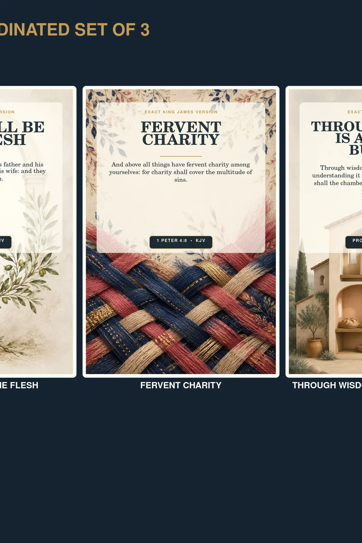 Christian marriage and family KJV wall art set of three with one-flesh branches, woven charity, and wisdom-built house designs.