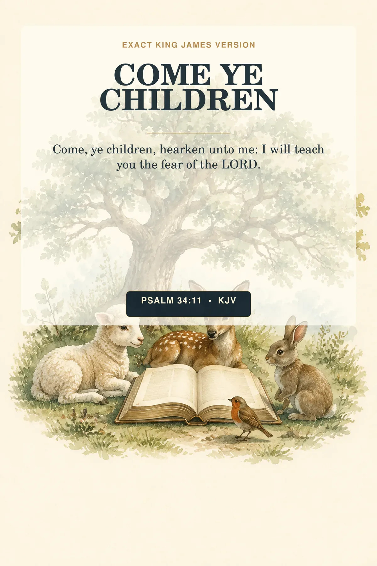 Psalm 34:11 KJV come ye children wall art with an open Bible beneath a spreading oak while a lamb, fawn, rabbit, and small robin gather attentively in a semicircle