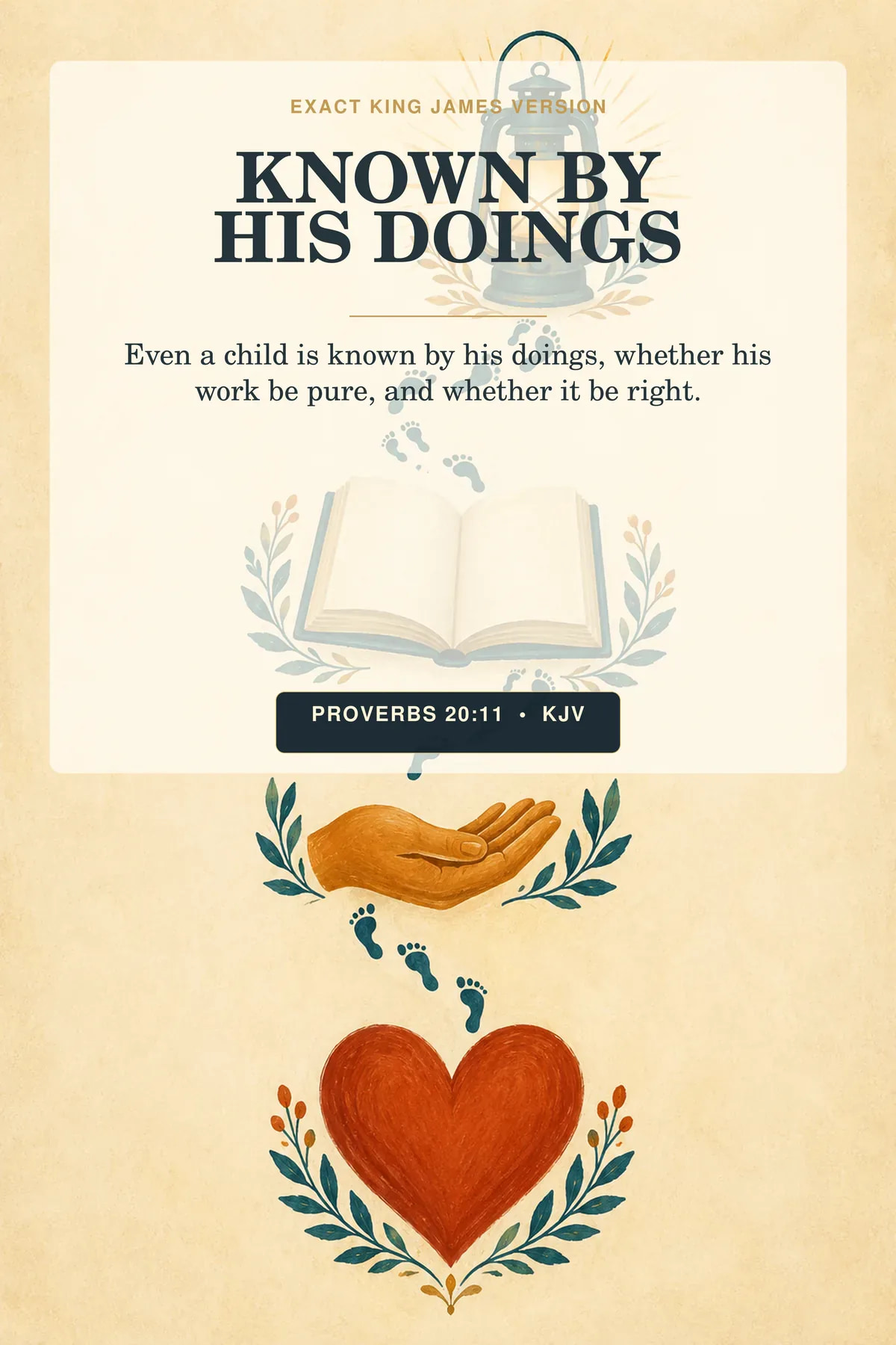 Proverbs 20:11 KJV known by his doings wall art with a clean folk-art path of small footprints passing four symbols—a heart, helping hand, open book, and glowing lantern—without cartoon characters