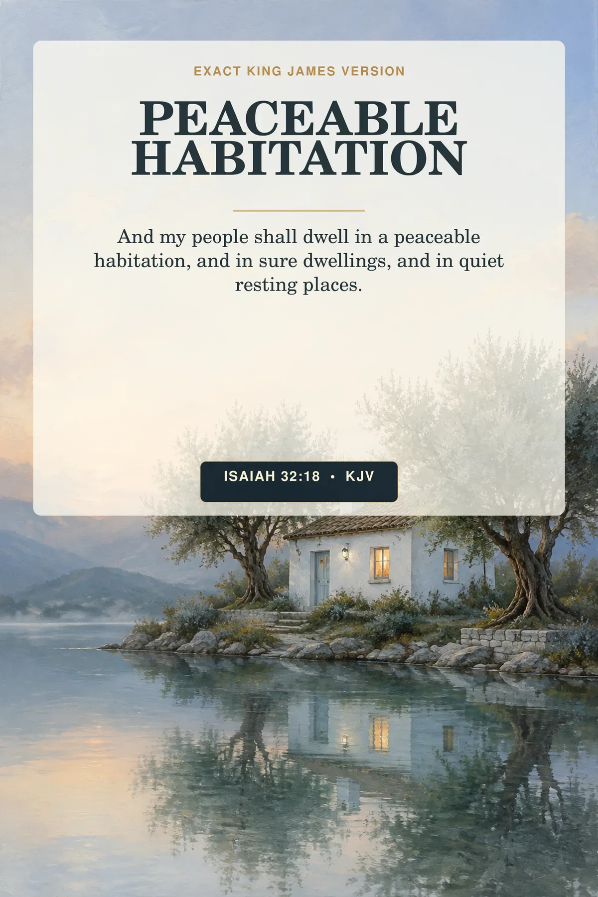 Isaiah 32:18 KJV peaceable habitation wall art with a small white cottage beside still blue water at dawn, sheltered by two olive trees with one softly lit window and ample quiet sky