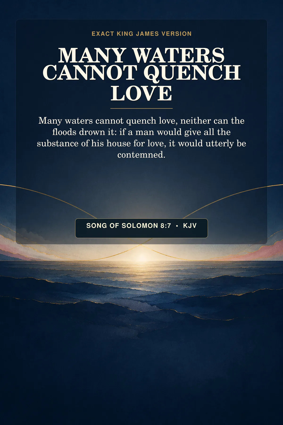 Song of Solomon 8:7 KJV many waters cannot quench love wall art with two fine gold lines crossing a deep indigo sea and remaining joined above a luminous horizon while waves rise below