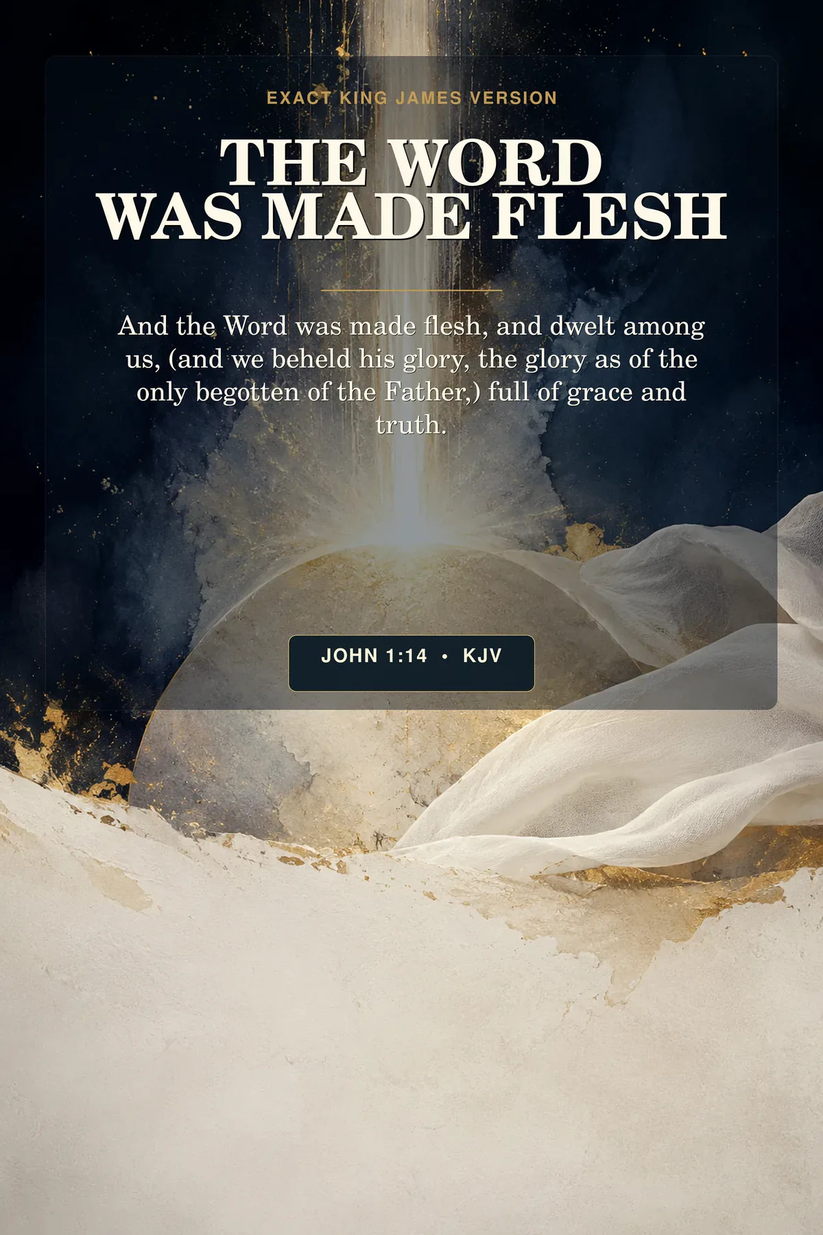 John 1:14 KJV word made flesh christmas wall art with a vertical column of golden light descending into a simple circle of earth and folded white linen, suggesting incarnation without a face or figure