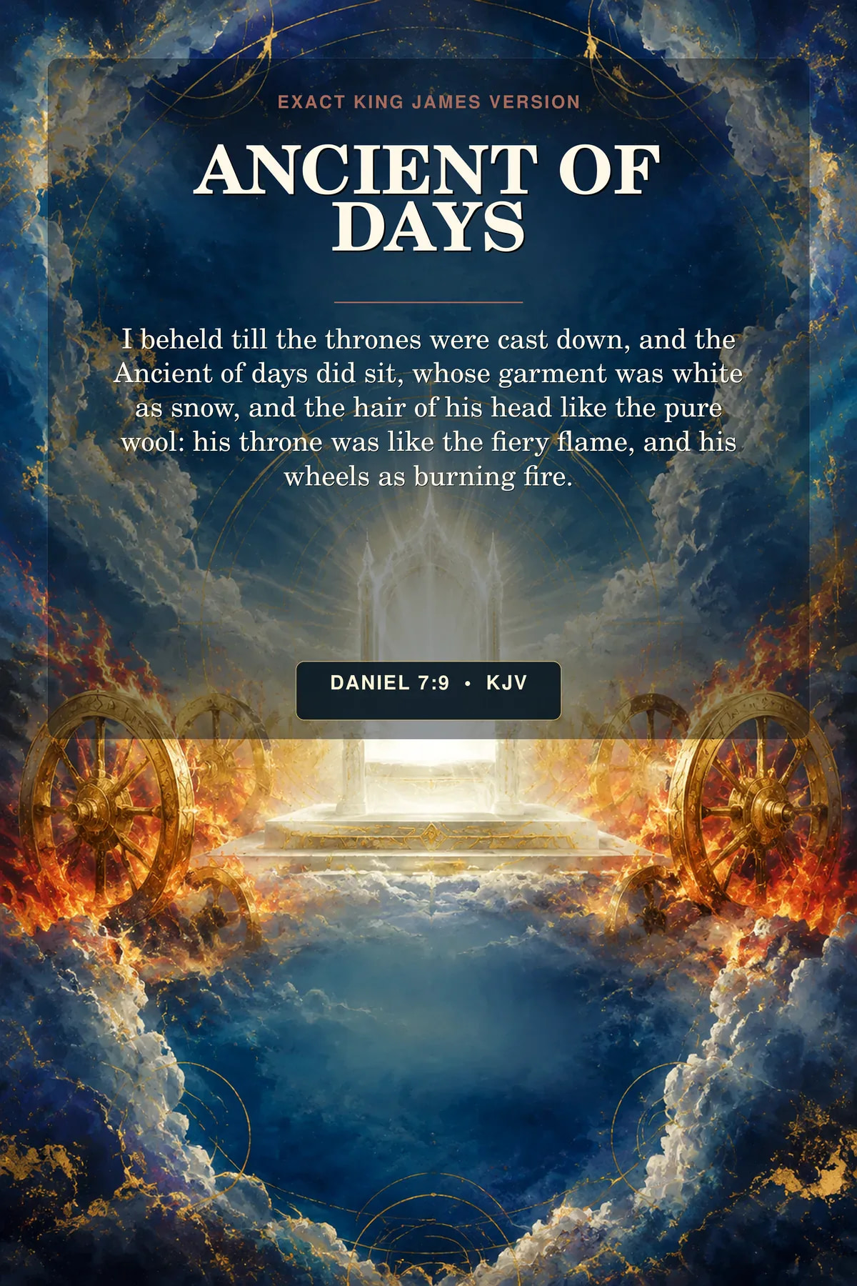 Daniel 7:9 KJV Ancient Of Days God the Father printable with an unoccupied celestial throne of white radiance surrounded by fiery wheels, deep-blue heaven, and restrained gold geometry.