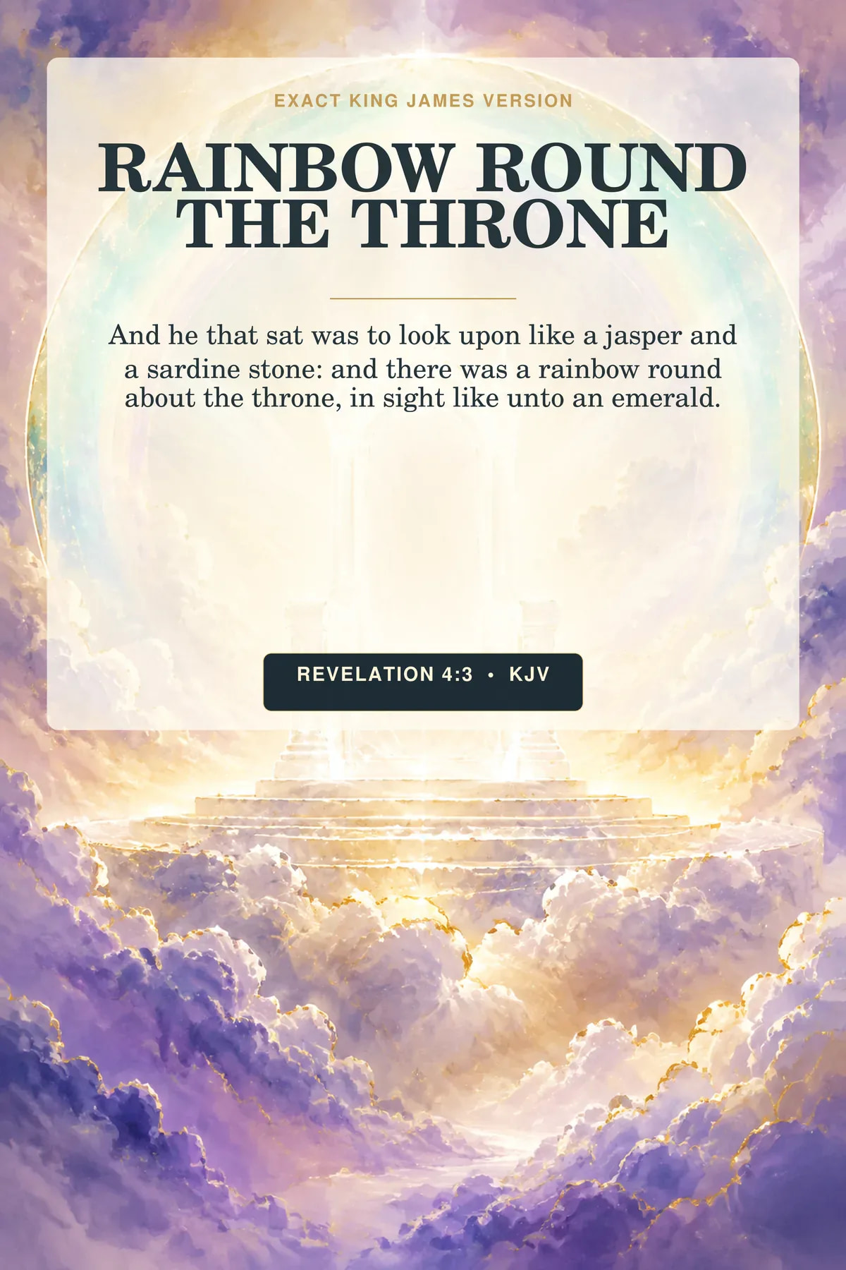 Revelation 4:3 KJV Rainbow Round The Throne God the Father printable with an unseen throne-presence enclosed by an emerald rainbow, jasper-white brilliance, ruby light, and deep celestial violet.