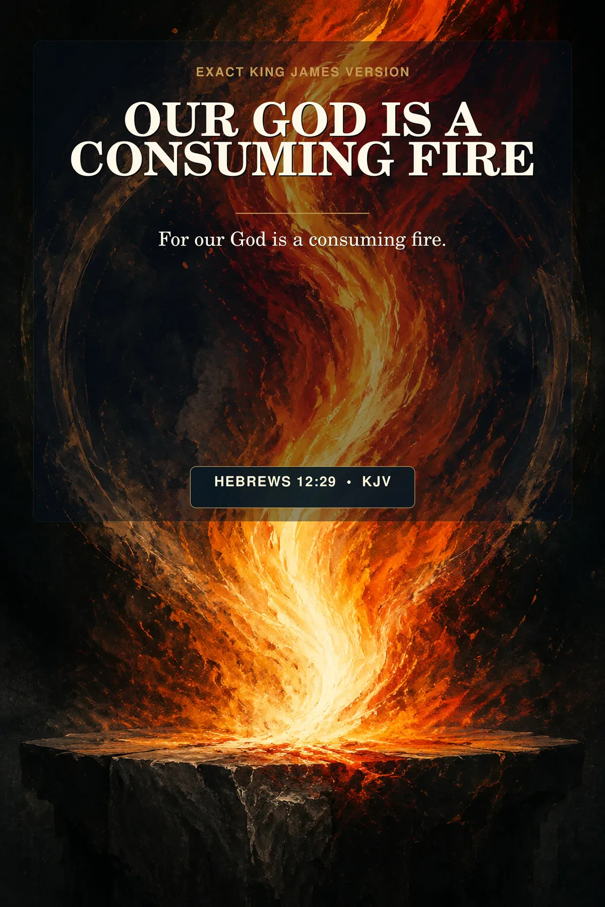 Hebrews 12:29 KJV Our God Is A Consuming Fire God the Father printable with a black field split by a vertical column of abstract white-orange fire with a small gold altar line and ample type space.