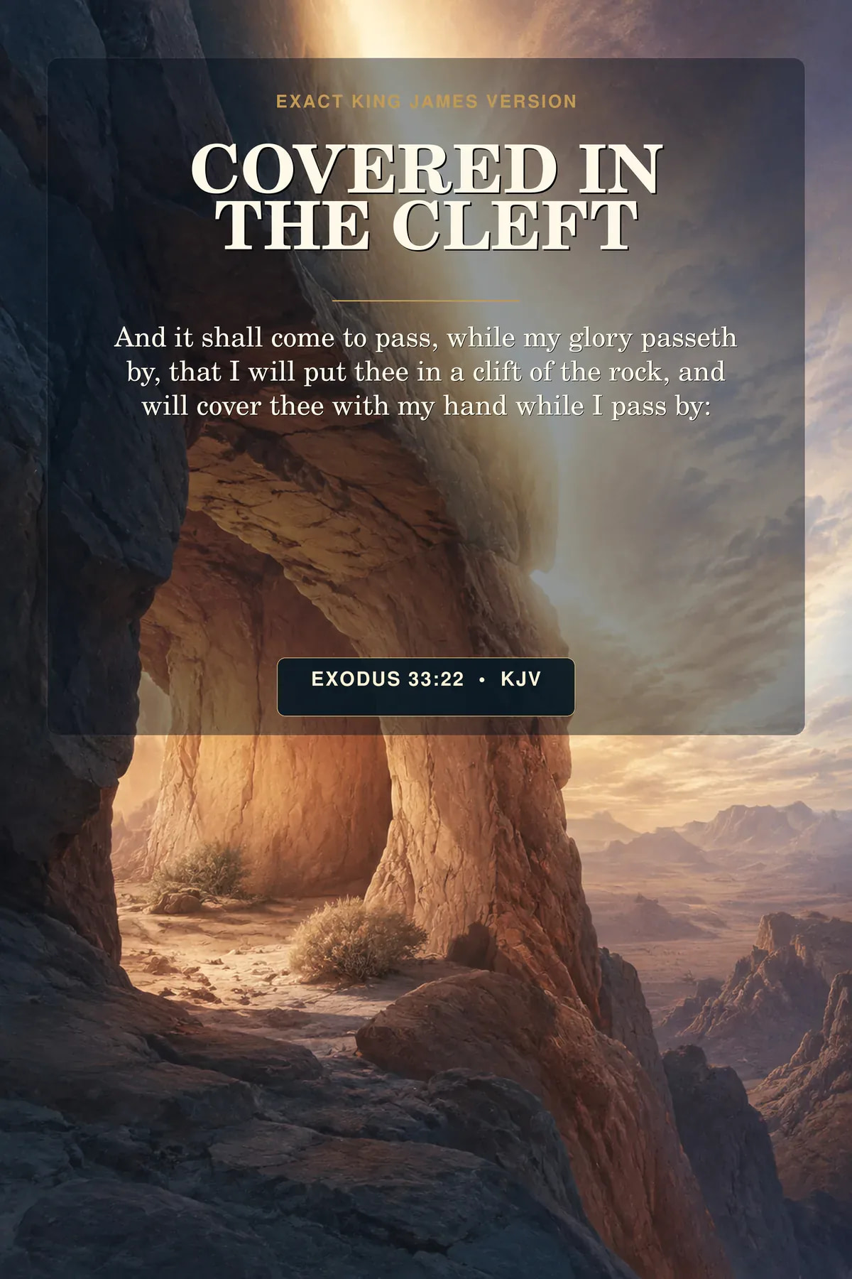 Exodus 33:22 KJV Covered In The Cleft God the Father printable with a narrow sandstone cleft wrapped in a broad arc of golden light as overwhelming glory passes across the mountain exterior.