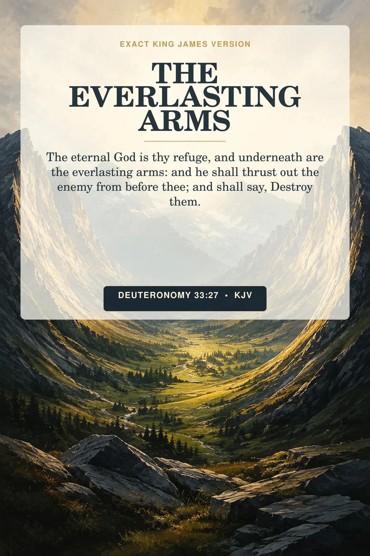 Deuteronomy 33:27 KJV The Everlasting Arms God the Father printable with two vast curved bands of blue-and-gold light cradling a small valley and home, abstract enough to avoid literal anatomy.