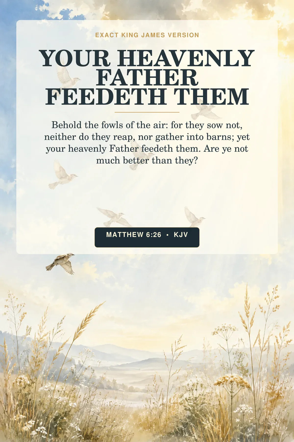 Matthew 6:26 KJV Your Heavenly Father Feedeth Them God the Father printable with small white birds crossing a pale-blue dawn beneath broad descending rays, with a quiet field and no human figure.