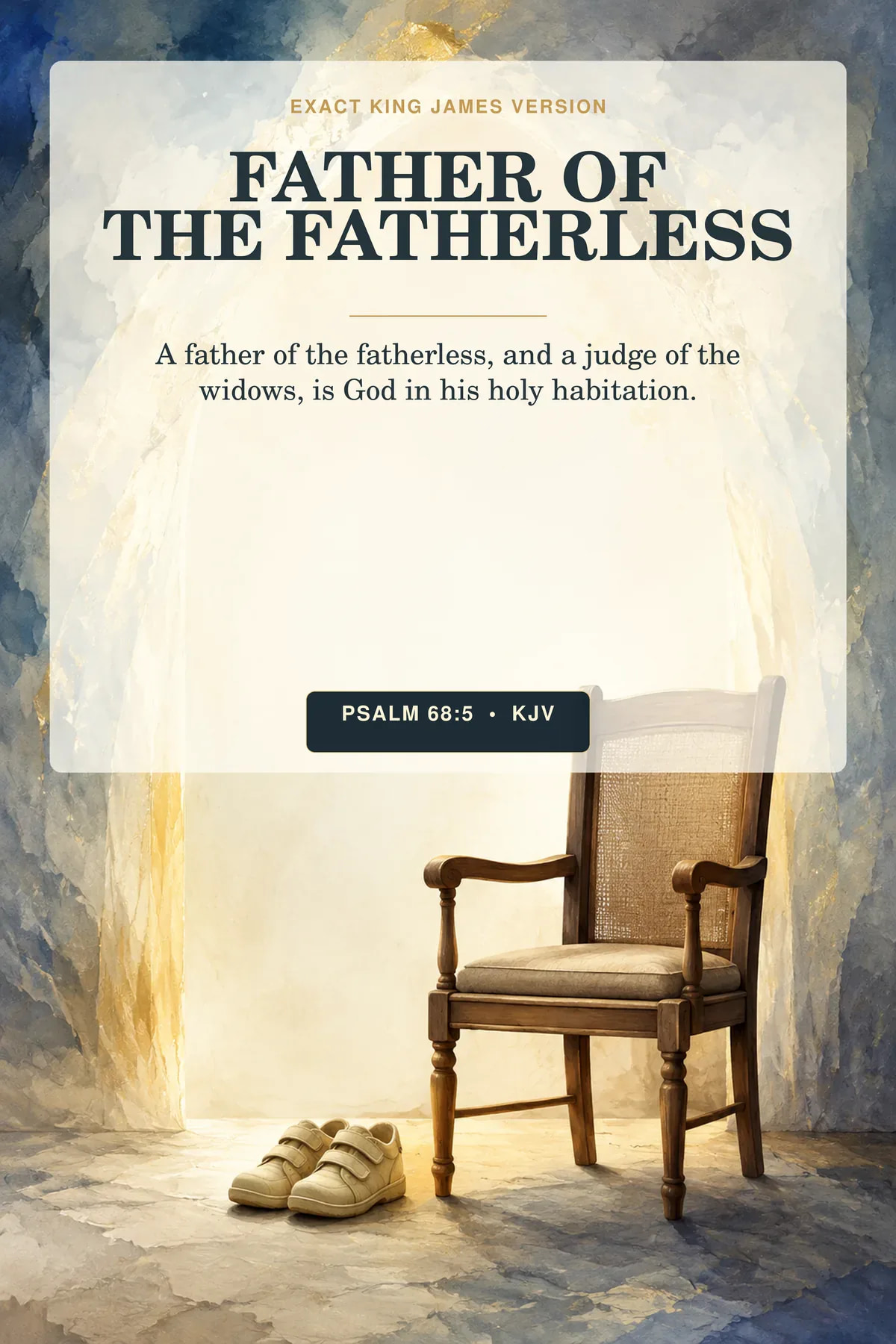 Psalm 68:5 KJV Father Of The Fatherless God the Father printable with an empty pair of children's shoes and a widow's chair sheltered beneath a vast cream-and-gold arch of light.