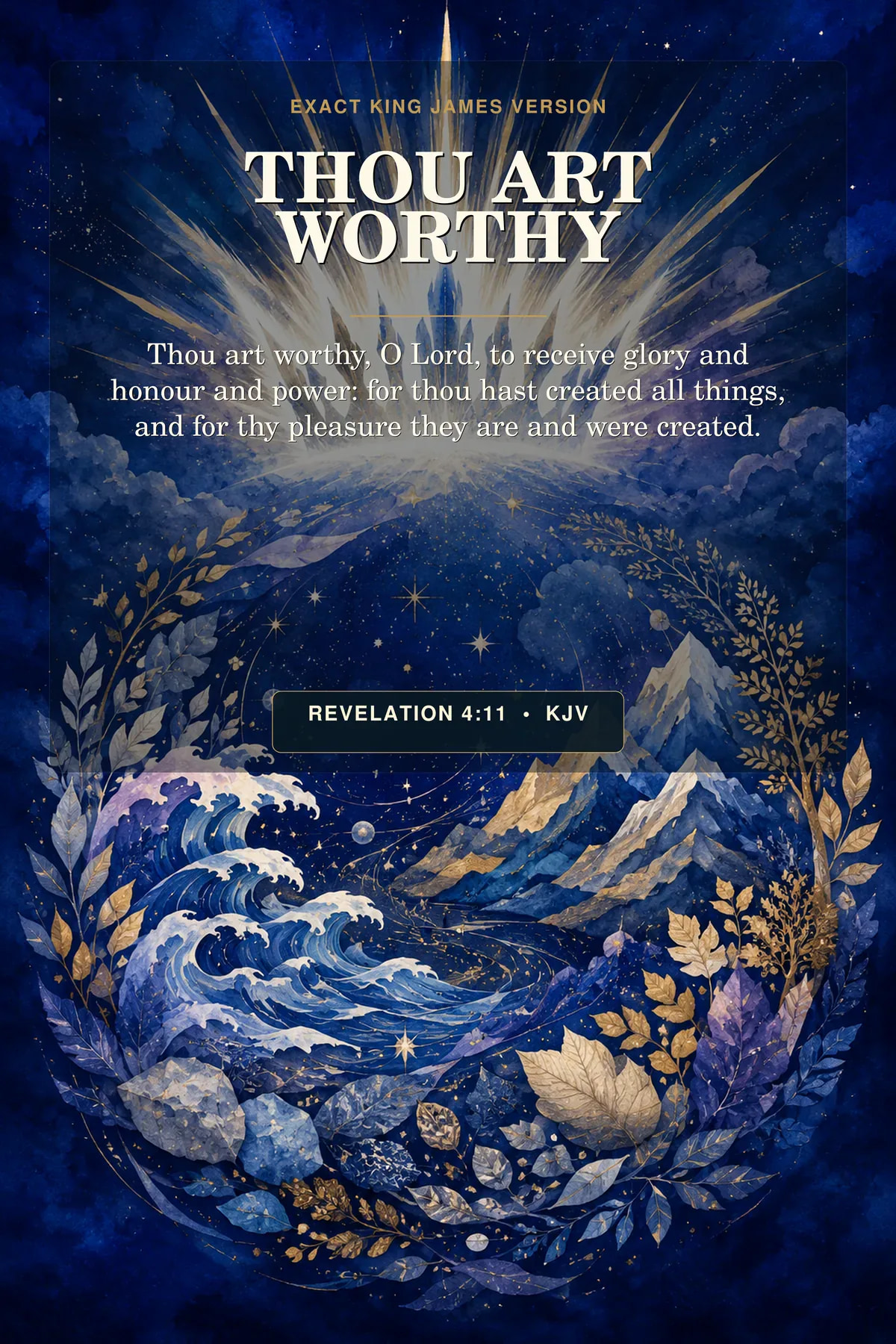 Revelation 4:11 KJV Thou Art Worthy God the Father printable with a crown formed entirely from white-gold light above a field of stars, seas, leaves, and stones representing created things.