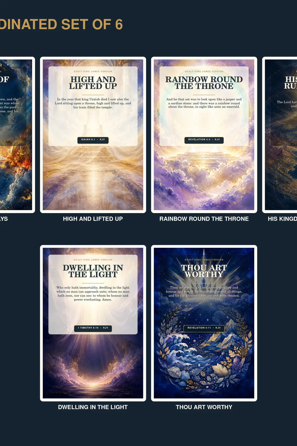 Daniel 7:9; Isaiah 6:1; Revelation 4:3; Psalm 103:19; 1 Timothy 6:16; Revelation 4:11 KJV Heavenly Throne Set Of Six God the Father printable with six real coordinated component designs in blue, gold, white, emerald, ruby, and soft purple, displayed as a premium worship gallery.