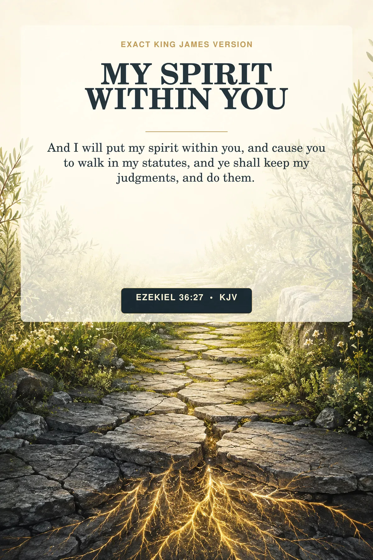 Ezekiel 36:27 KJV My Spirit Within You printable showing a weathered stone path becoming a living garden path from bottom to top, with luminous roots and new olive leaves.