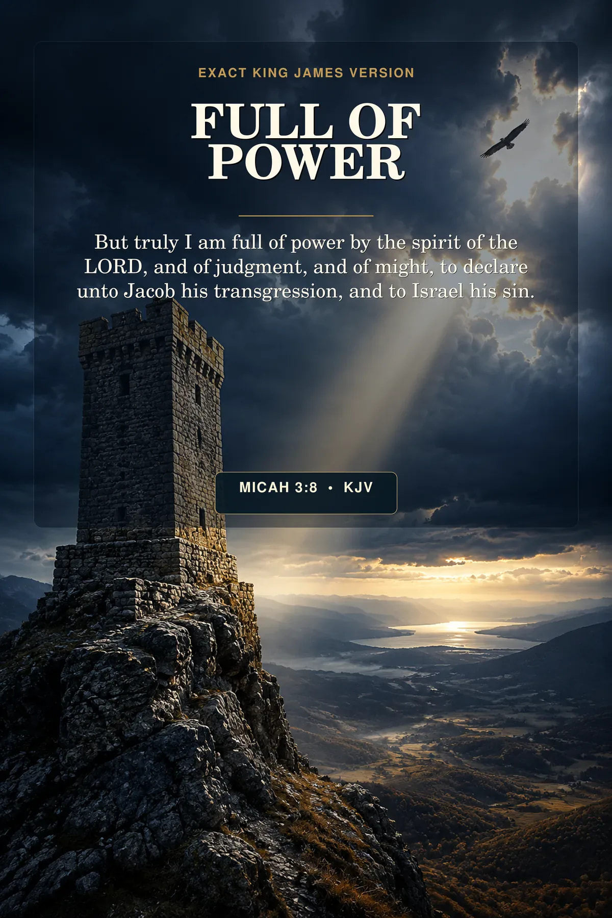 Micah 3:8 KJV Full of Power printable showing a solitary stone watchtower above a storm-cleared valley, an eagle circling far overhead, and one diagonal beam breaking through indigo cloud.