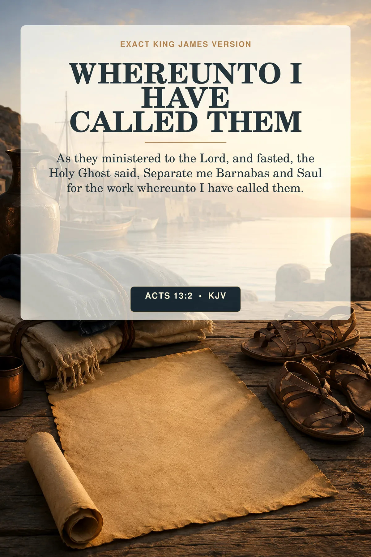 Acts 13:2 KJV — Called by the Holy Ghost, Acts 13:2 KJV Ministry Calling Wall Art Acts 13:2 KJV Whereunto I Have Called Them printable showing two folded travel cloaks, sandals, a parchment route map, and a quiet harbor at dawn with no visible people.