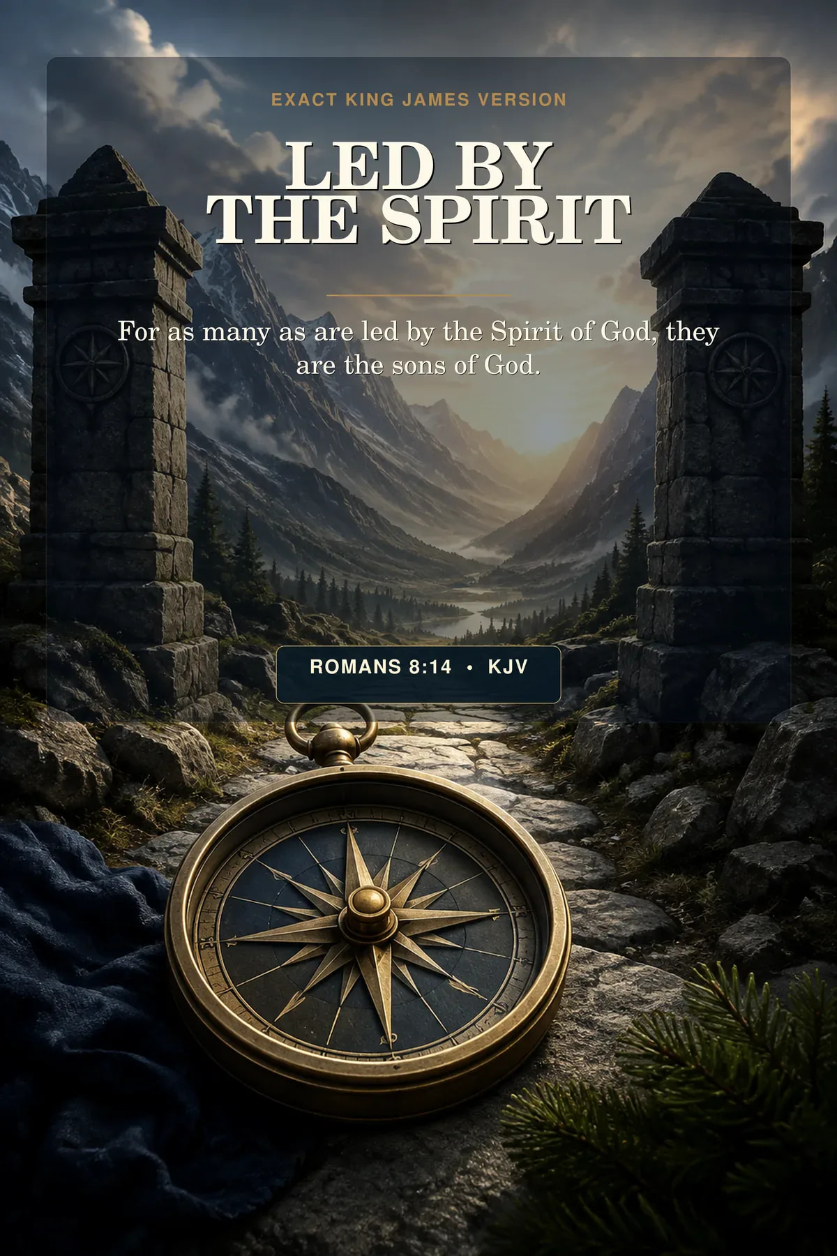 Romans 8:14 KJV Led by the Spirit printable showing a brass compass aligned with a mountain pass between two stone pillars, with a clear path continuing into morning light.