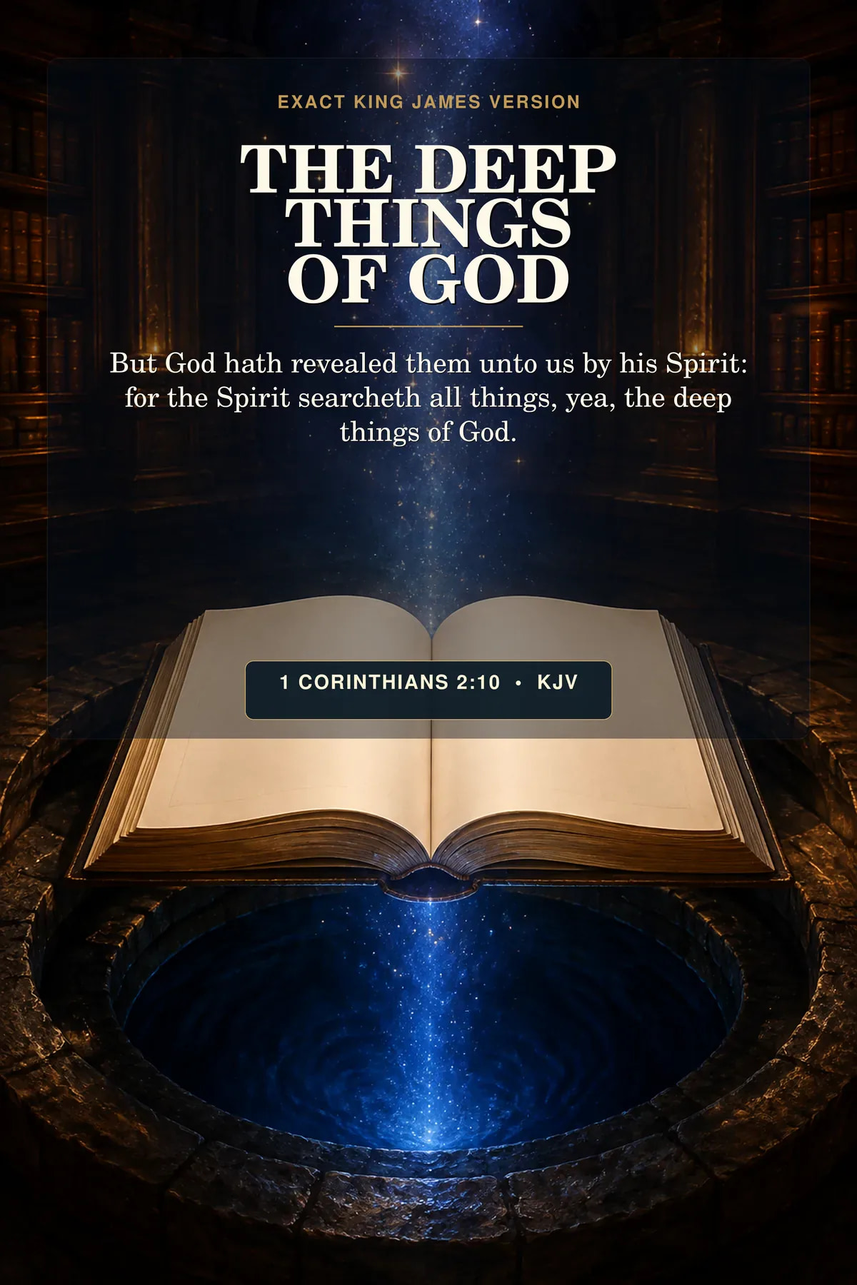 1 Corinthians 2:10 KJV The Deep Things of God printable showing an open Bible above a deep circular well of indigo light, with subtle star-like points descending into the pages.
