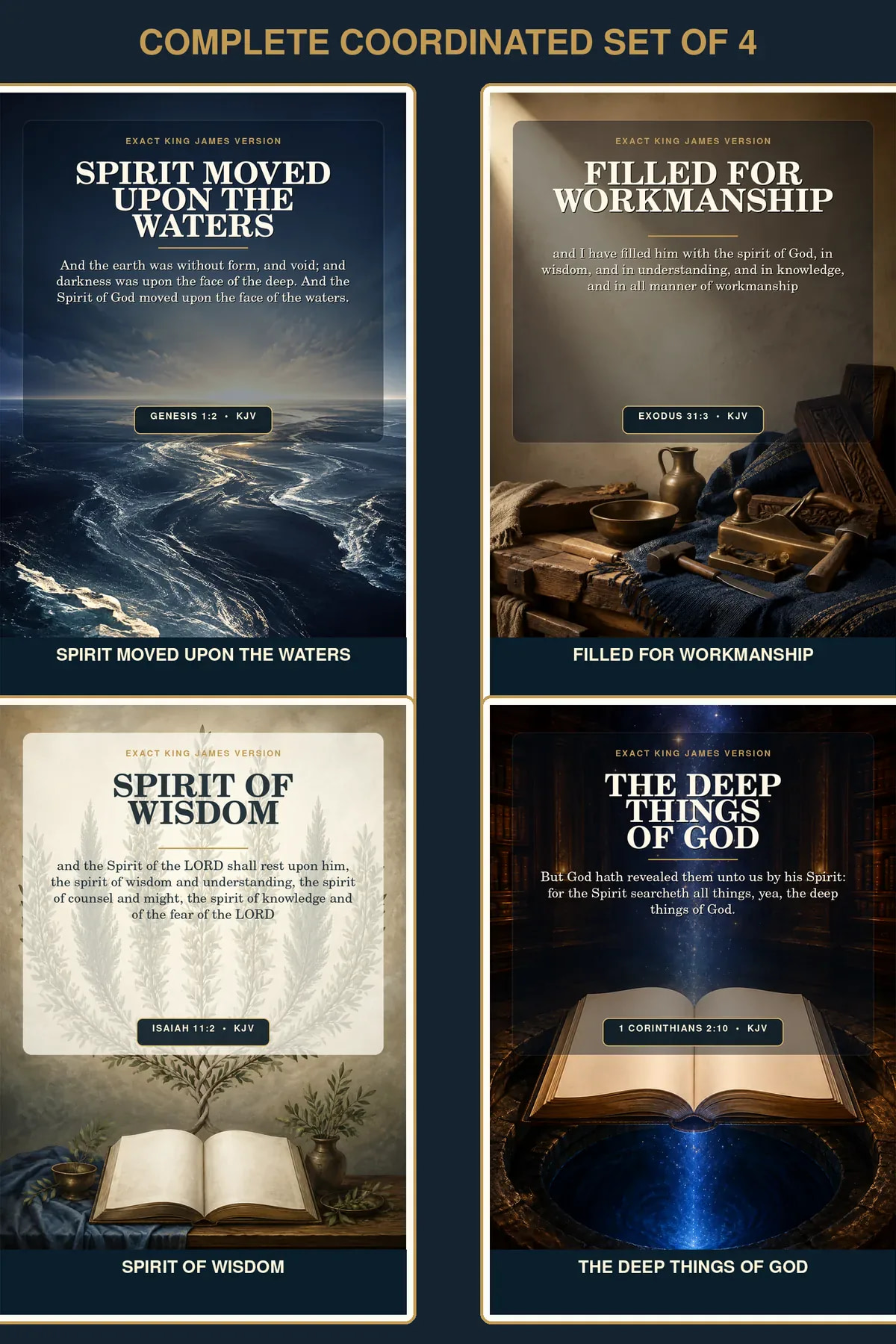 Creation & Wisdom • Set of 4 KJV Holy Spirit wall art set of four with a cohesive four-print gallery using primordial water, artisan tools, seven botanical branches, and an open-Bible deep-light motif.