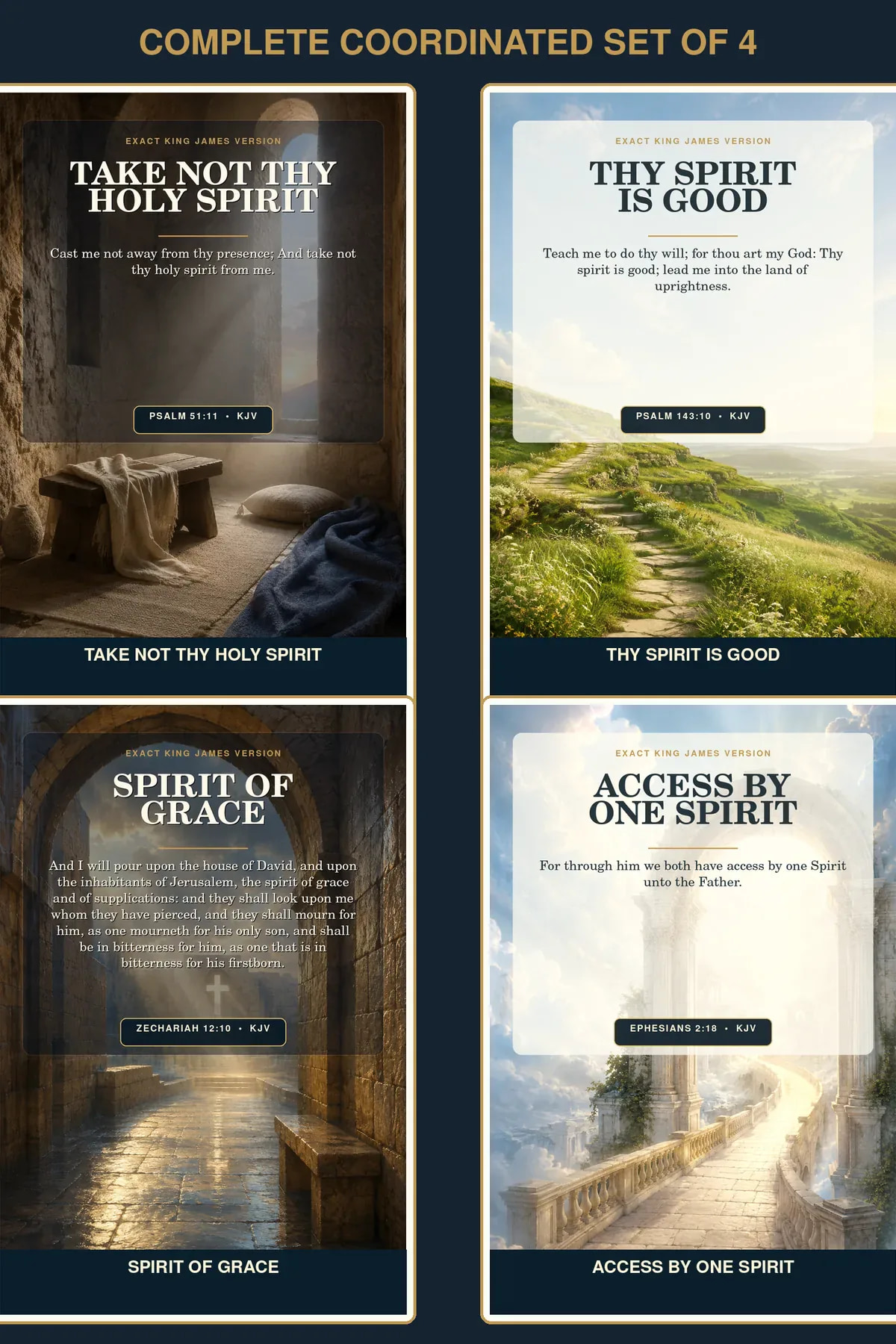 Prayer & Guidance • Set of 4 KJV Holy Spirit wall art set of four with a quiet four-print gallery uniting prayer alcove, green path, Jerusalem rain arch, and bridge-to-heaven compositions.