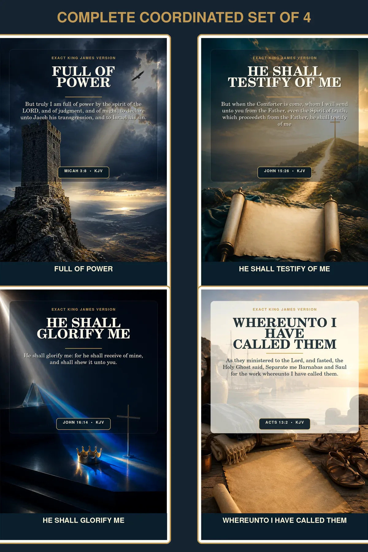 Prophetic Calling • Set of 4 KJV Holy Spirit wall art set of four with a bold ministry-office gallery combining watchtower, gospel path, crown-cross prism, and missionary travel still life.