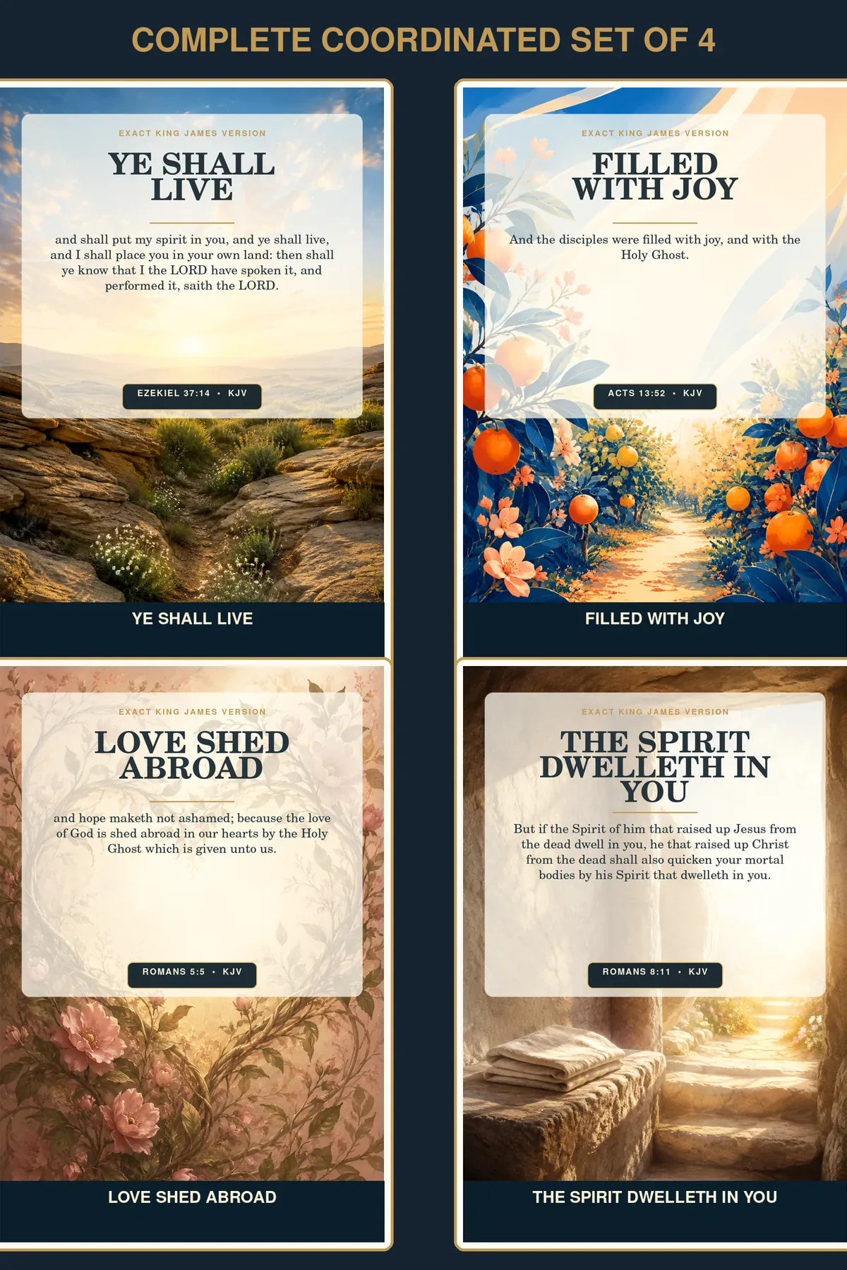 Joy Love Life • Set of 4 KJV Holy Spirit wall art set of four with a colorful hope gallery joining desert bloom, orchard joy, botanical heart, and empty-tomb dawn compositions.