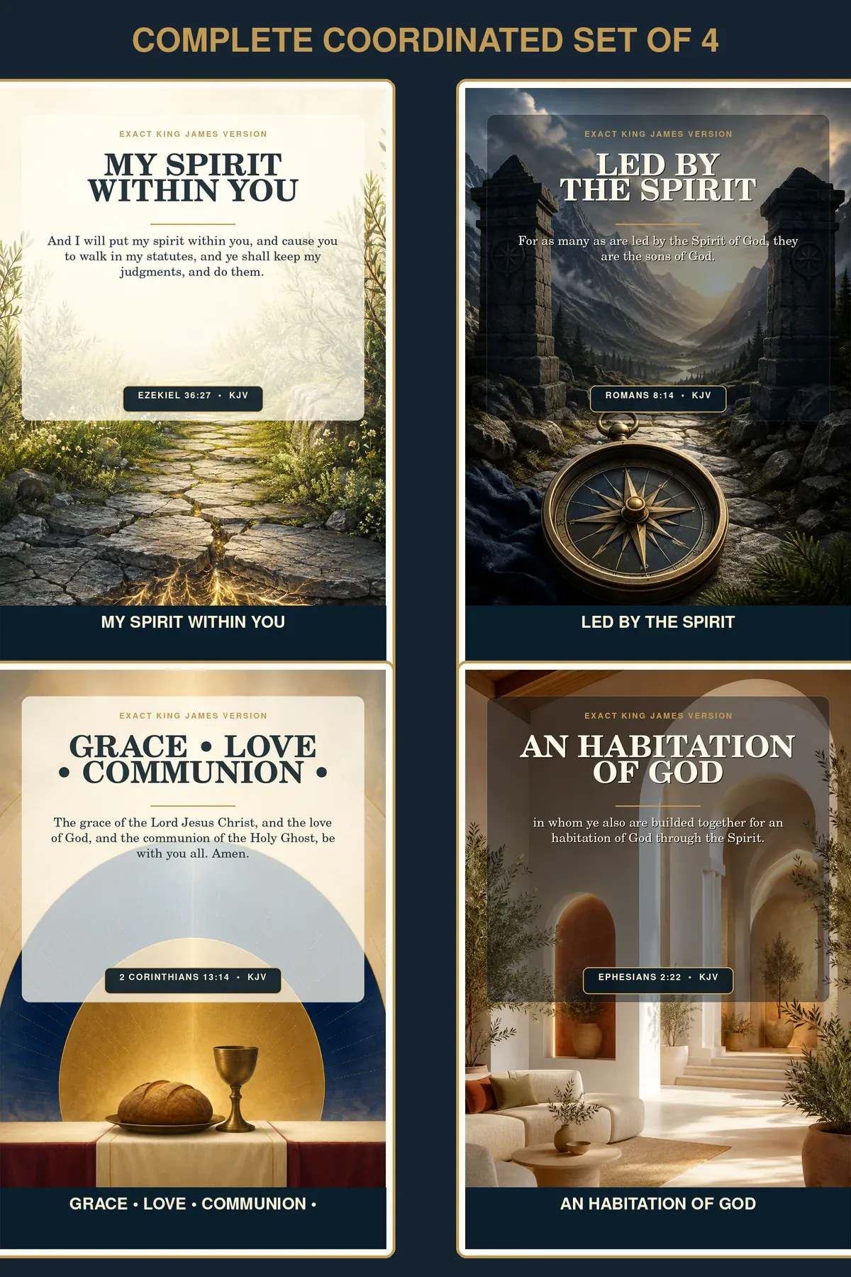 Indwelling & Trinity • Set of 4 KJV Holy Spirit wall art set of four with an elegant home gallery uniting living path, compass pass, three-light communion, and illuminated house-temple compositions.