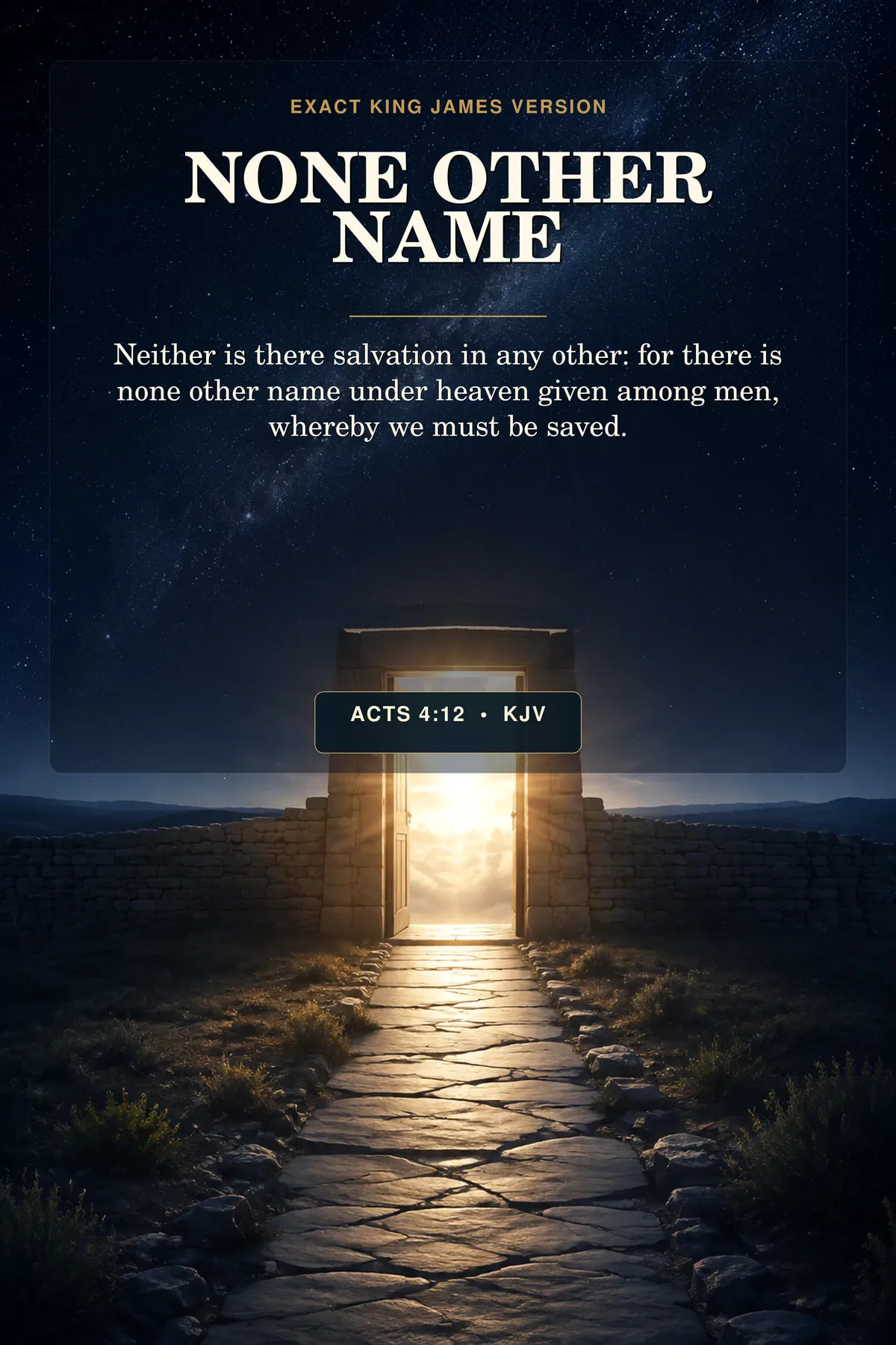 Acts 4:12 KJV none other name wall art with a single luminous doorway beneath a vast night sky, reached by one narrow stone path, with no person and no generated text inside the illustration