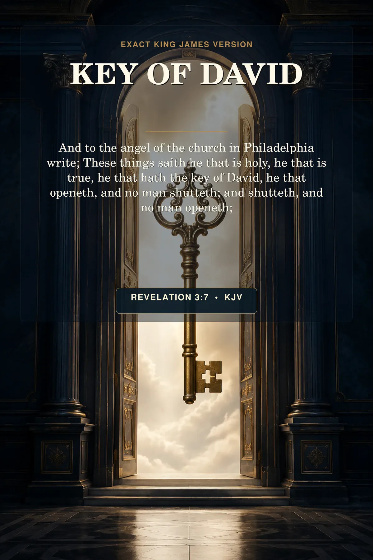 Revelation 3:7 KJV key of david wall art with an ornate antique key suspended before a tall open celestial doorway, with deep navy architecture, restrained brass, and no person