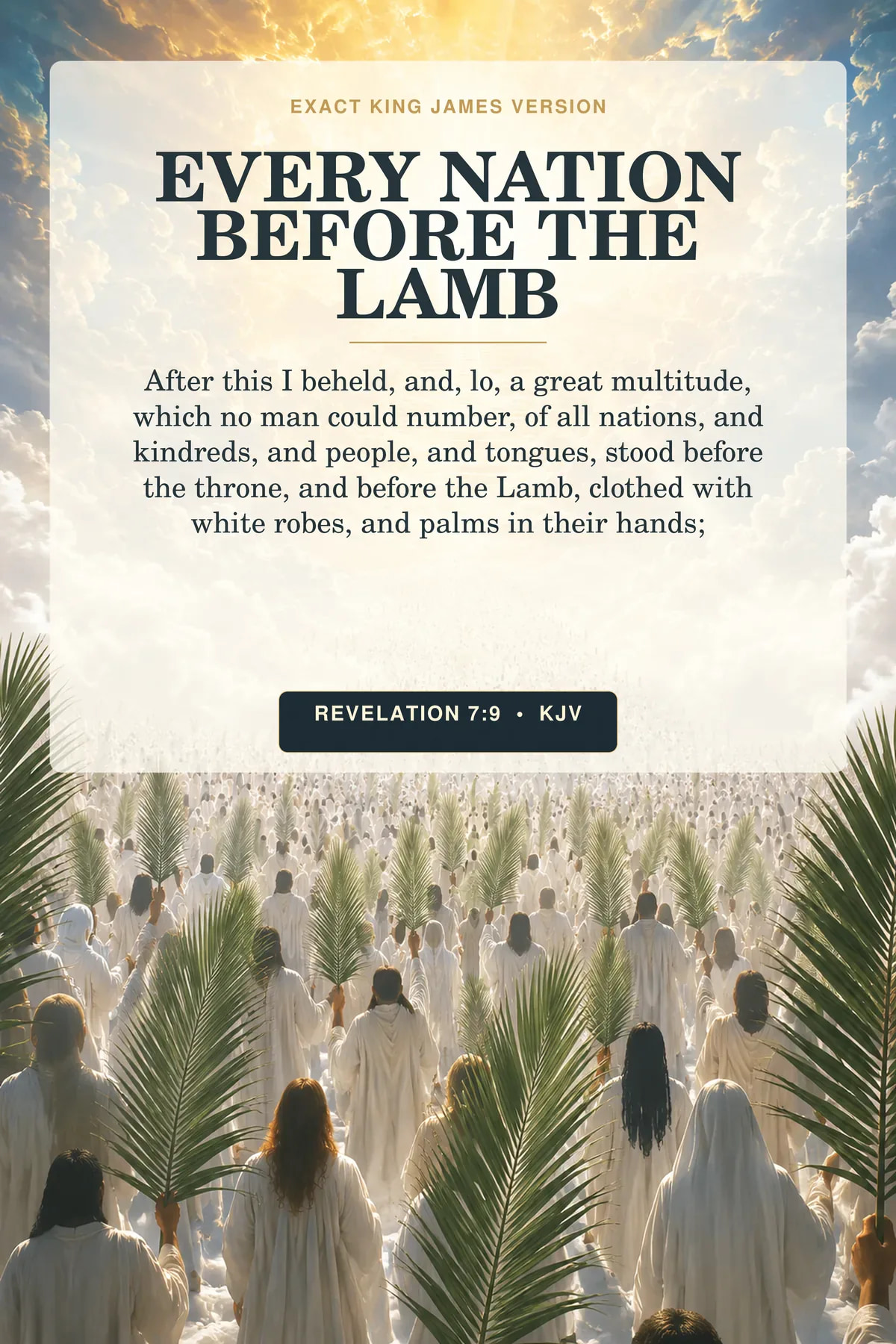 Revelation 7:9 KJV every nation before the lamb wall art with a vast distant multitude in white robes carrying palm branches beneath a radiant throne horizon, with culturally varied silhouettes and no discernible faces