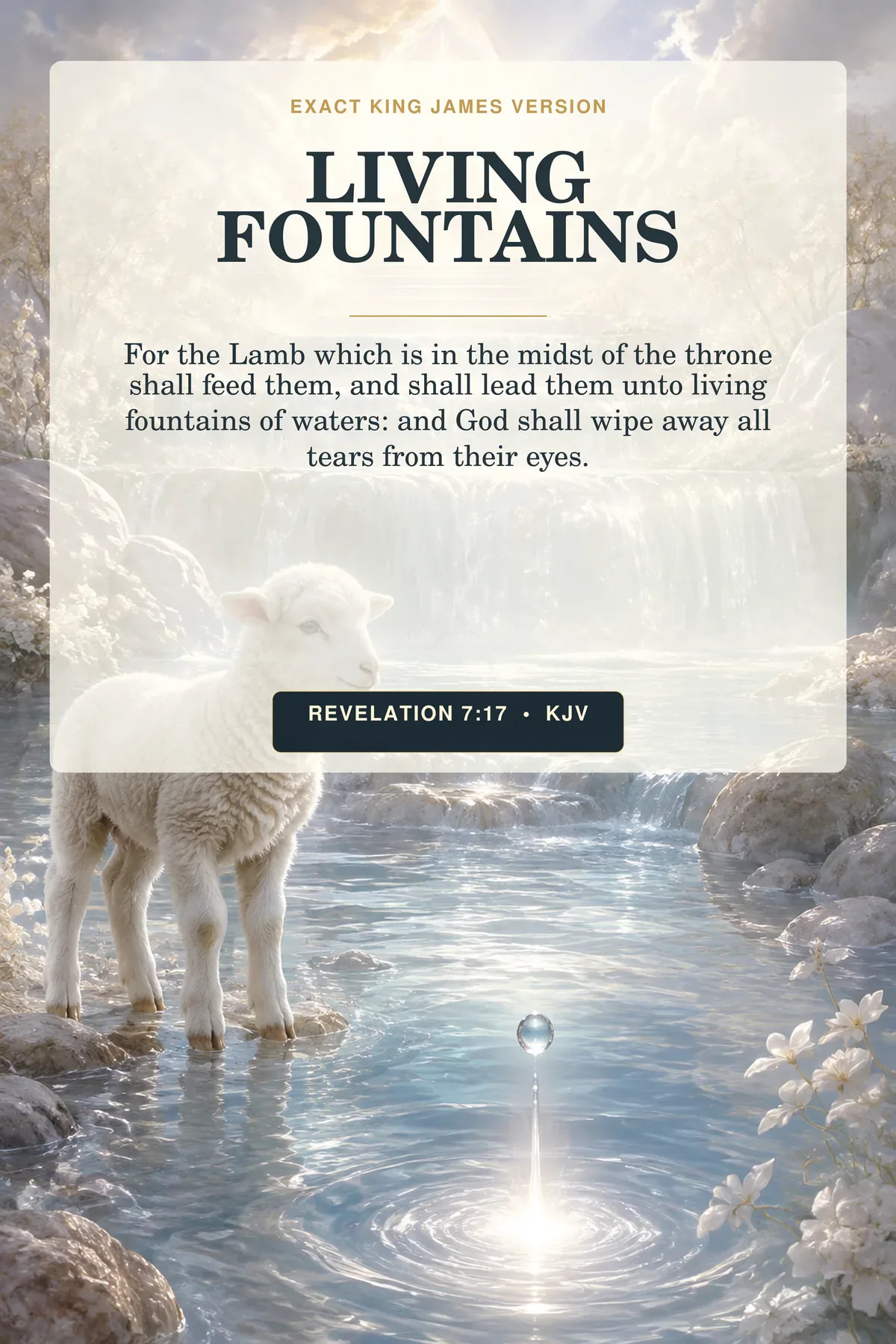 Revelation 7:17 KJV living fountains wall art with a small white Lamb beside luminous terraced fountains beneath a distant pearl throne glow, with one water drop becoming light and no human figure