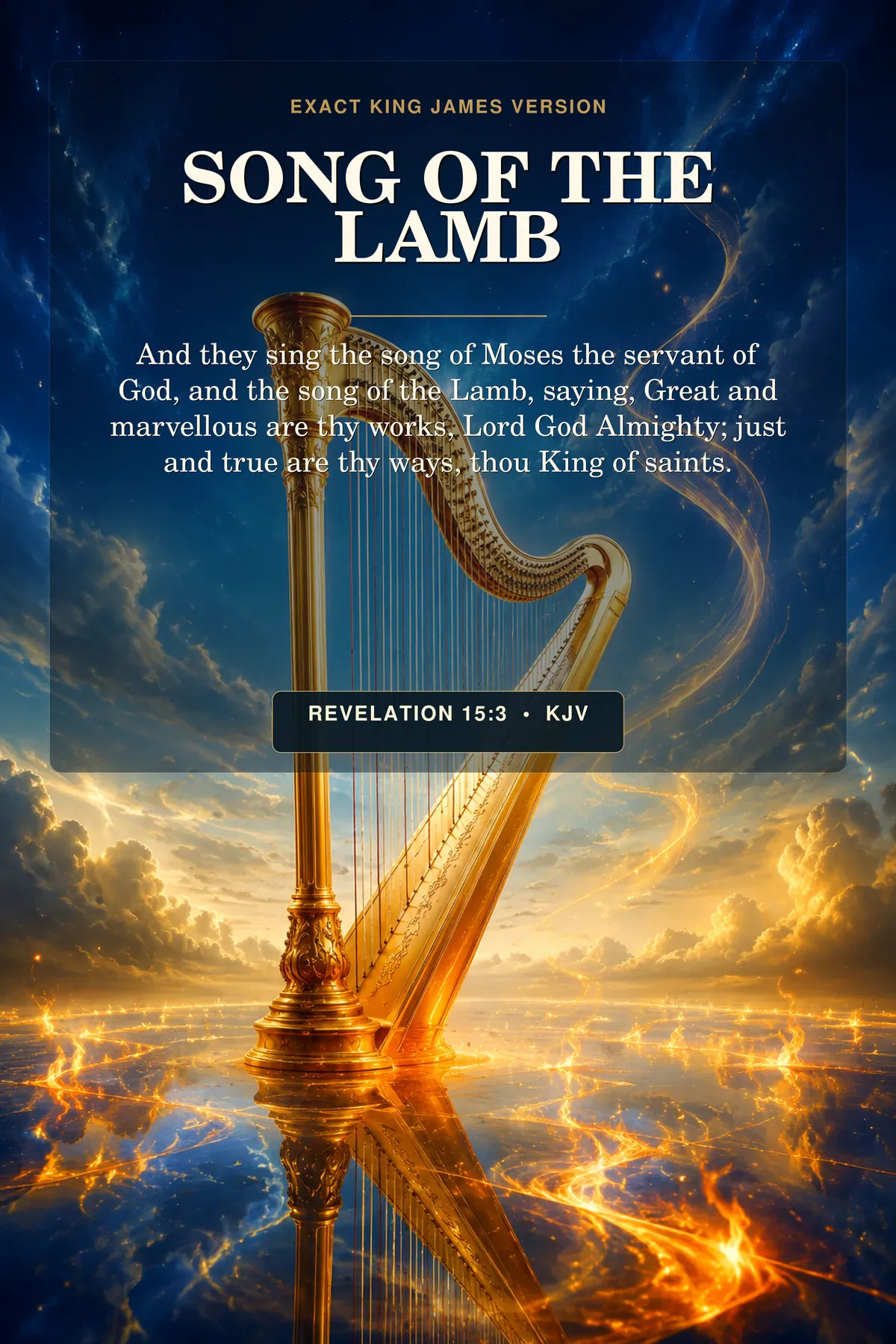 Revelation 15:3 KJV song of the lamb wall art with a golden harp reflected on a sea of glass mingled with fire, with musical light rising into deep blue heaven and no people