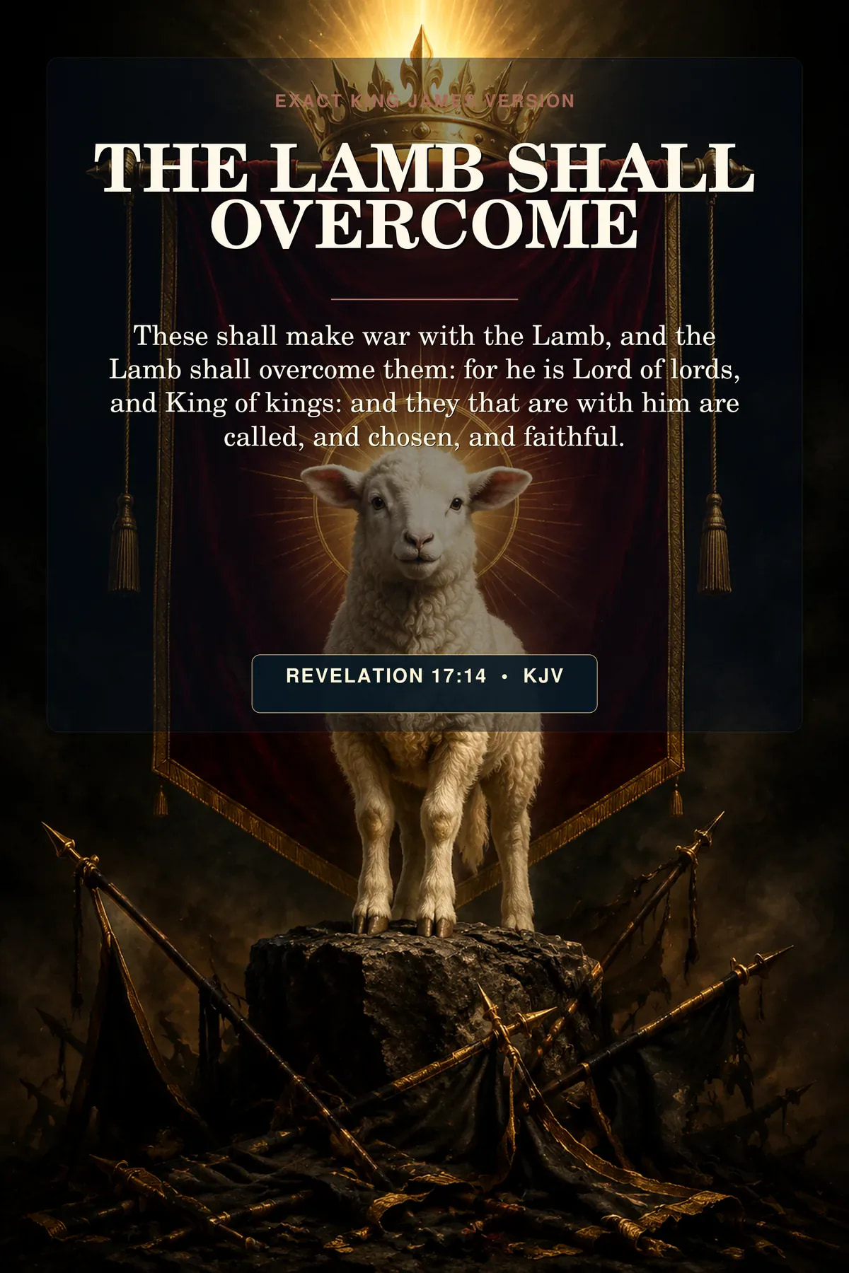Revelation 17:14 KJV lamb shall overcome wall art with a white Lamb emblem beneath a high royal banner and crown of light, standing above broken dark standards with no combat, gore, or human face