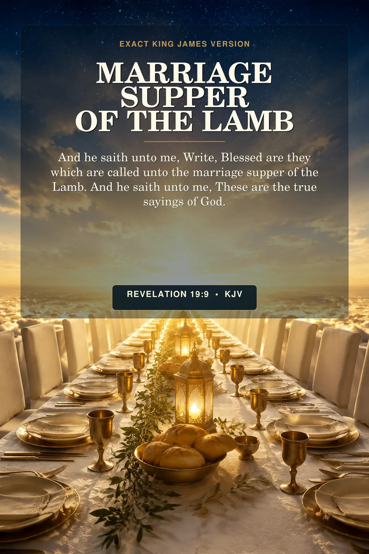 Revelation 19:9 KJV marriage supper of the lamb wall art with a long celestial banquet table prepared with white linen, golden lamps, bread, and empty places beneath a radiant horizon, with no visible people