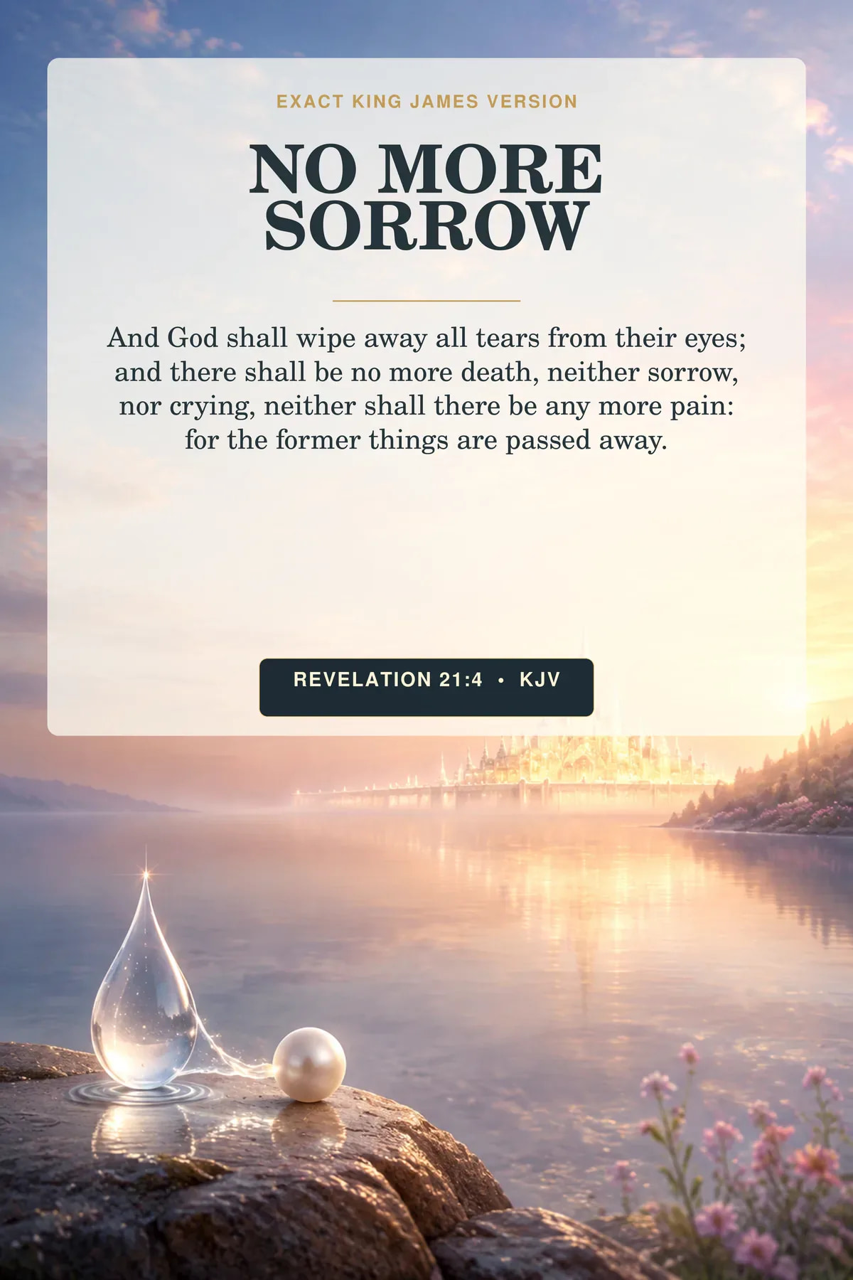 Revelation 21:4 KJV no more sorrow wall art with a dawn view toward New Jerusalem with one translucent tear becoming a pearl in the foreground and every human presence reduced to distant light