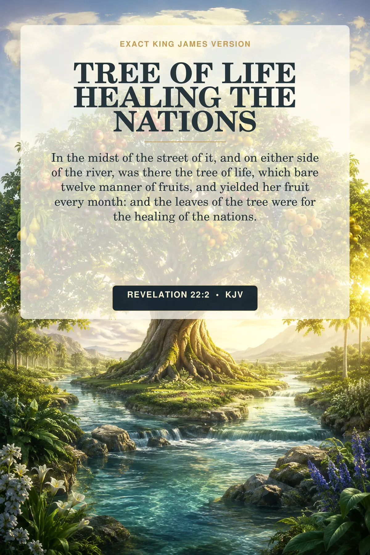 Revelation 22:2 KJV tree of life healing nations wall art with a monumental Tree of Life spanning both sides of a crystal river, bearing twelve distinct fruit families and leaves moving toward a subtle world-map horizon