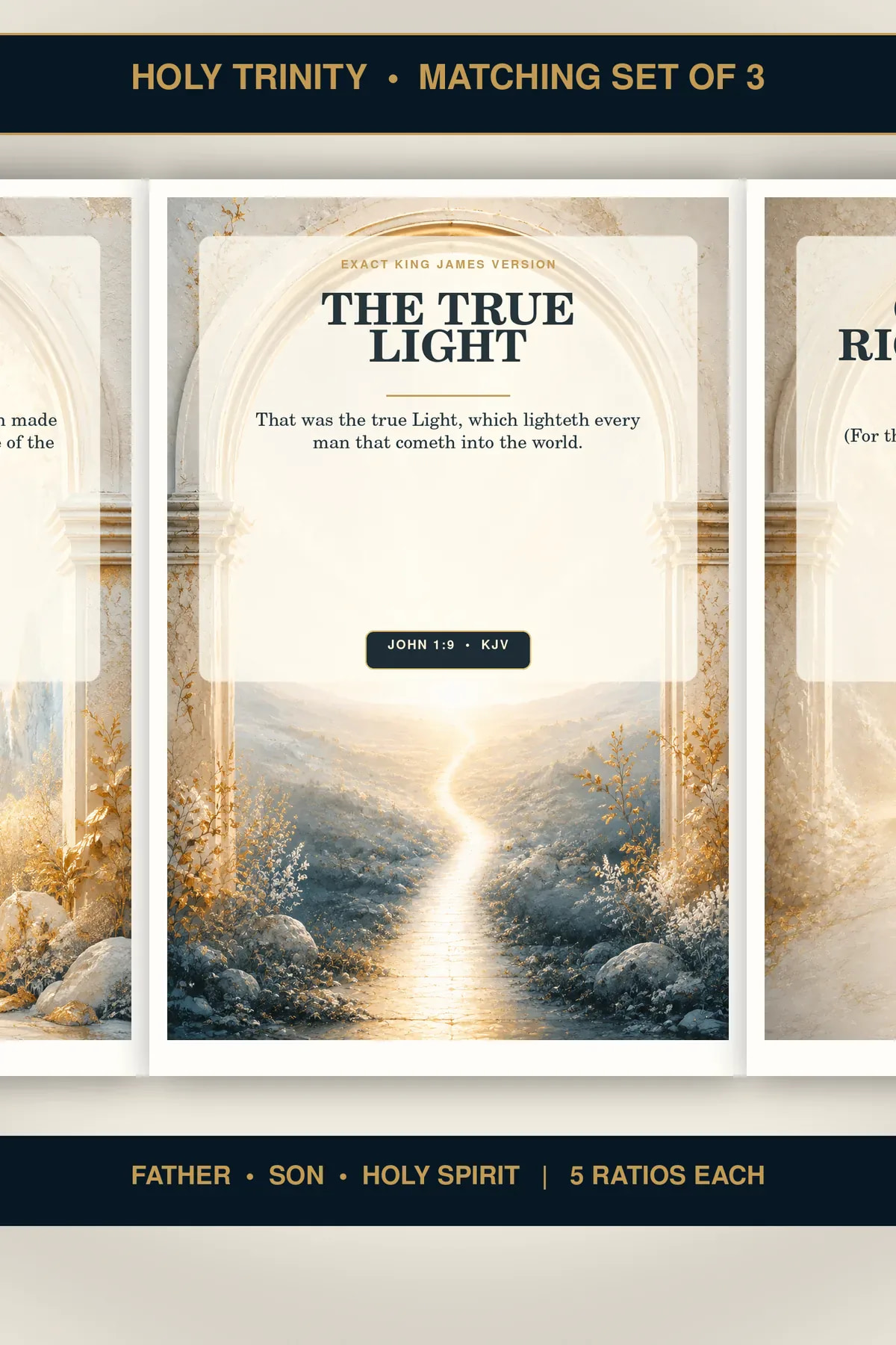 Radiant Truth Father Son Holy Spirit wall art set of three coordinated exact-KJV printable designs.