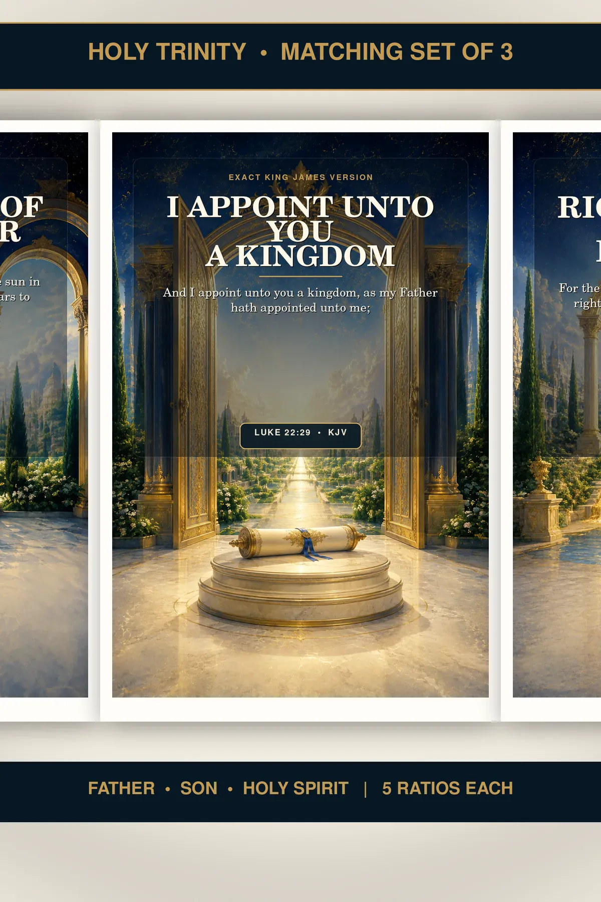 Kingdom and Royal Welcome Father Son Holy Spirit wall art set of three coordinated exact-KJV printable designs.