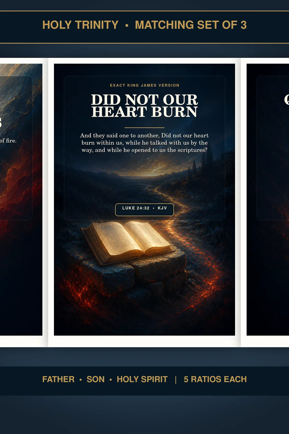 Sacred Fire and Glory Father Son Holy Spirit wall art set of three coordinated exact-KJV printable designs.
