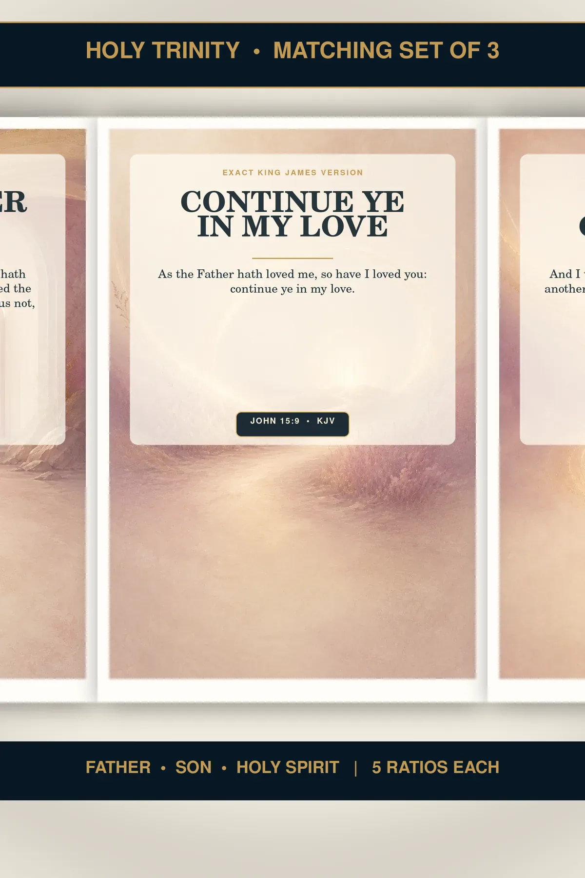Love Grace and Comfort Father Son Holy Spirit wall art set of three coordinated exact-KJV printable designs.