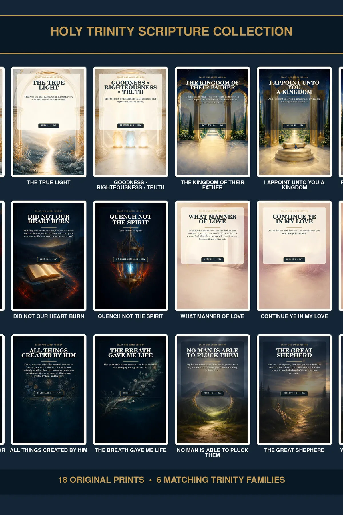 Holy Trinity Scripture wall art collection of 18 original Father Son and Holy Spirit KJV printable designs grouped into six triptychs.