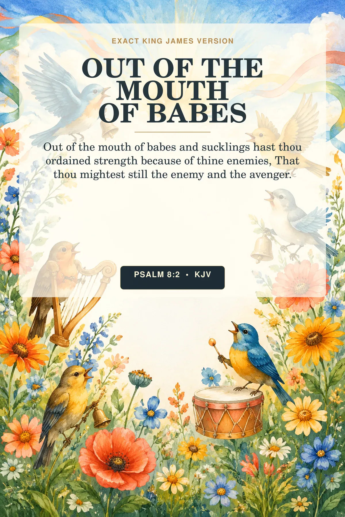 Psalm 8:2 KJV Out of the Mouth of Babes Christian nursery printable showing joyful storybook songbirds with tiny text-free instruments, music-like ribbons, wildflowers, and a bright sunrise.