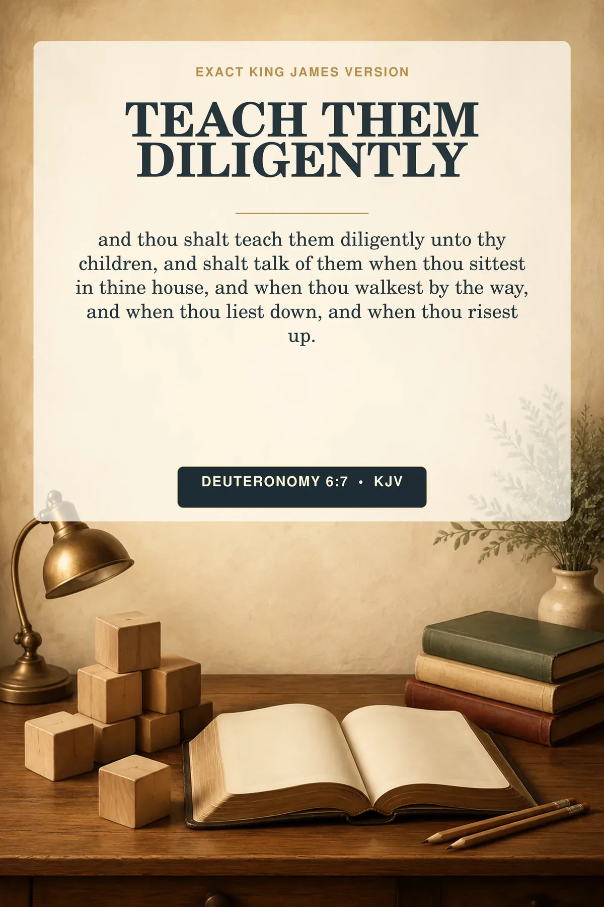 Deuteronomy 6:7 KJV Teach Them Diligently Christian nursery printable showing a warm vintage schoolroom still life with blank wooden blocks, an open text-free Bible, pencils, and a small brass lamp.