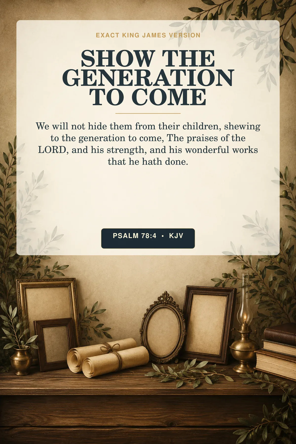 Psalm 78:4 KJV Show the Generation to Come Christian nursery printable showing a storybook family-history shelf with heirloom frames turned away, blank scrolls, a small lamp, and climbing olive leaves.